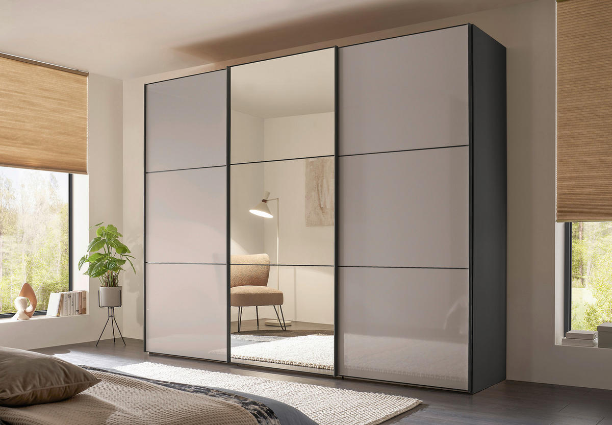 SCHWEBETÜRENSCHRANK 249/222/68 cm 3-türig Anthrazit, Dunkelgrau, Schwarz  - Dunkelgrau/Anthrazit, MODERN, Glas/Holzwerkstoff (249/222/68cm) - Moderano