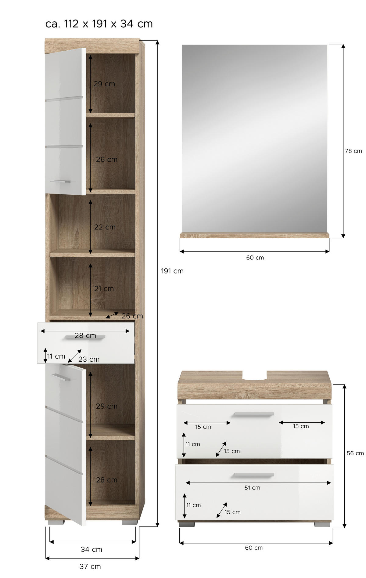 BADEZIMMER 3-teilig  in 97 cm  - Weiß Hochglanz/Silberfarben, MODERN, Glas/Holzwerkstoff (97cm) - MID.YOU