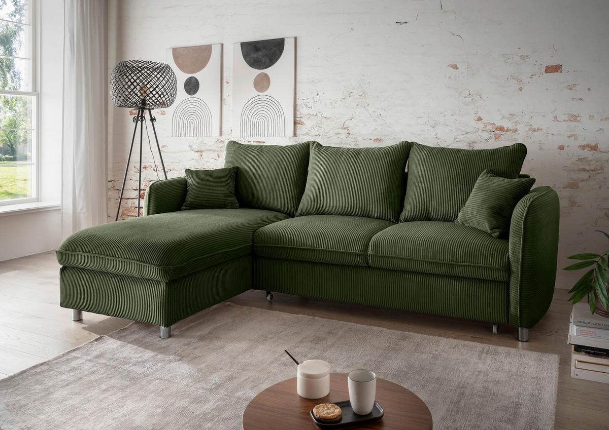 ECKSCHLAFSOFA in Cord Dunkelgrün  - Chromfarben/Dunkelgrün, Modern, Textil/Metall (254/160cm) - Livetastic