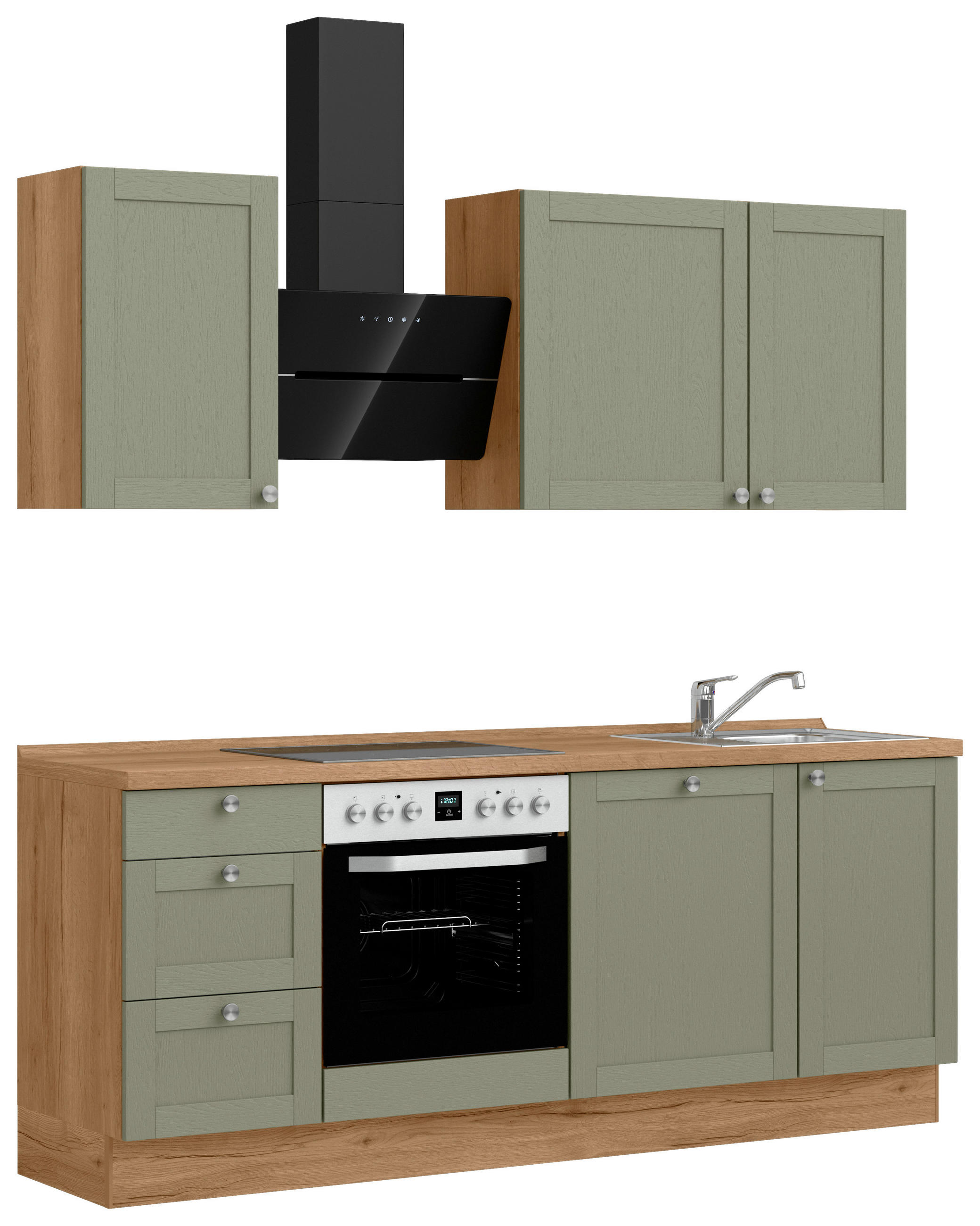 KÜCHENBLOCK Frame 210 cm  in Eichefarben, Olivgrün  - Edelstahlfarben/Eichefarben, MODERN, Holzwerkstoff/Metall (210cm) - Nobilia