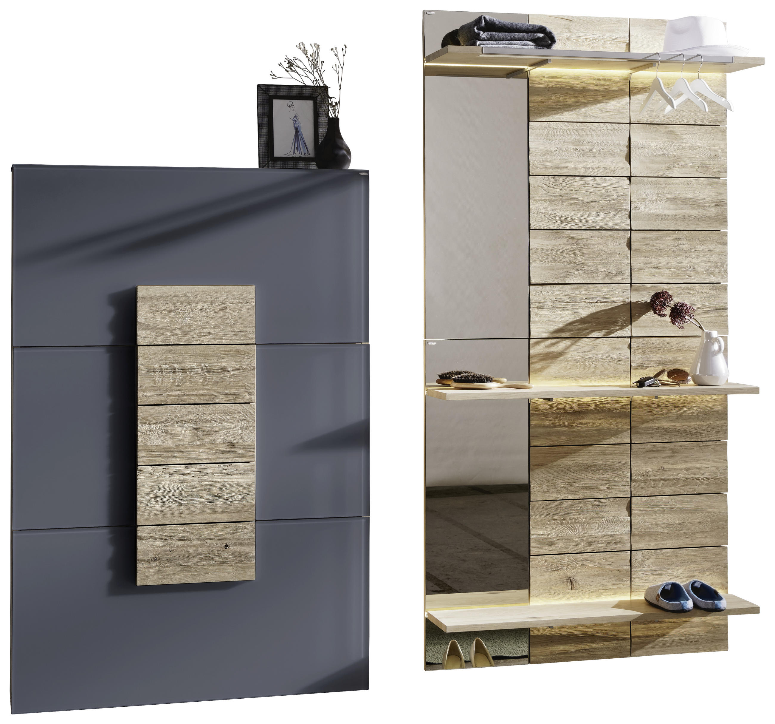 HÄNGESCHUHSCHRANK Wildeiche mehrschichtige Massivholzplatte (Tischlerplatte) Grau, Eichefarben - Eichefarben/Grau, Natur, Glas/Holz (96/144/23,1cm) - Voglauer