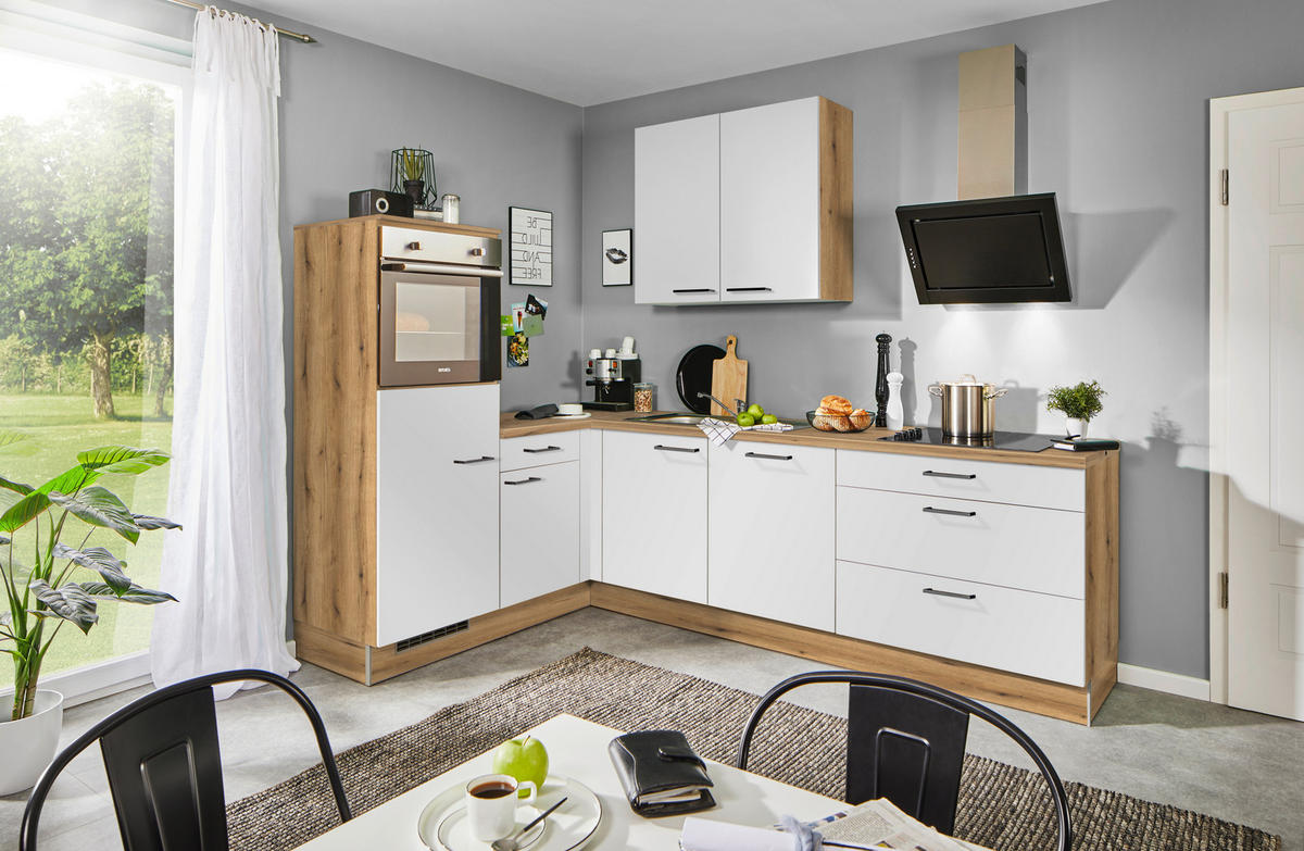 ECKKÜCHE 175/275 cm  in Weiß, Eichefarben  - Eichefarben/Schwarz, Design, Holzwerkstoff/Metall (175/275cm) - Xora