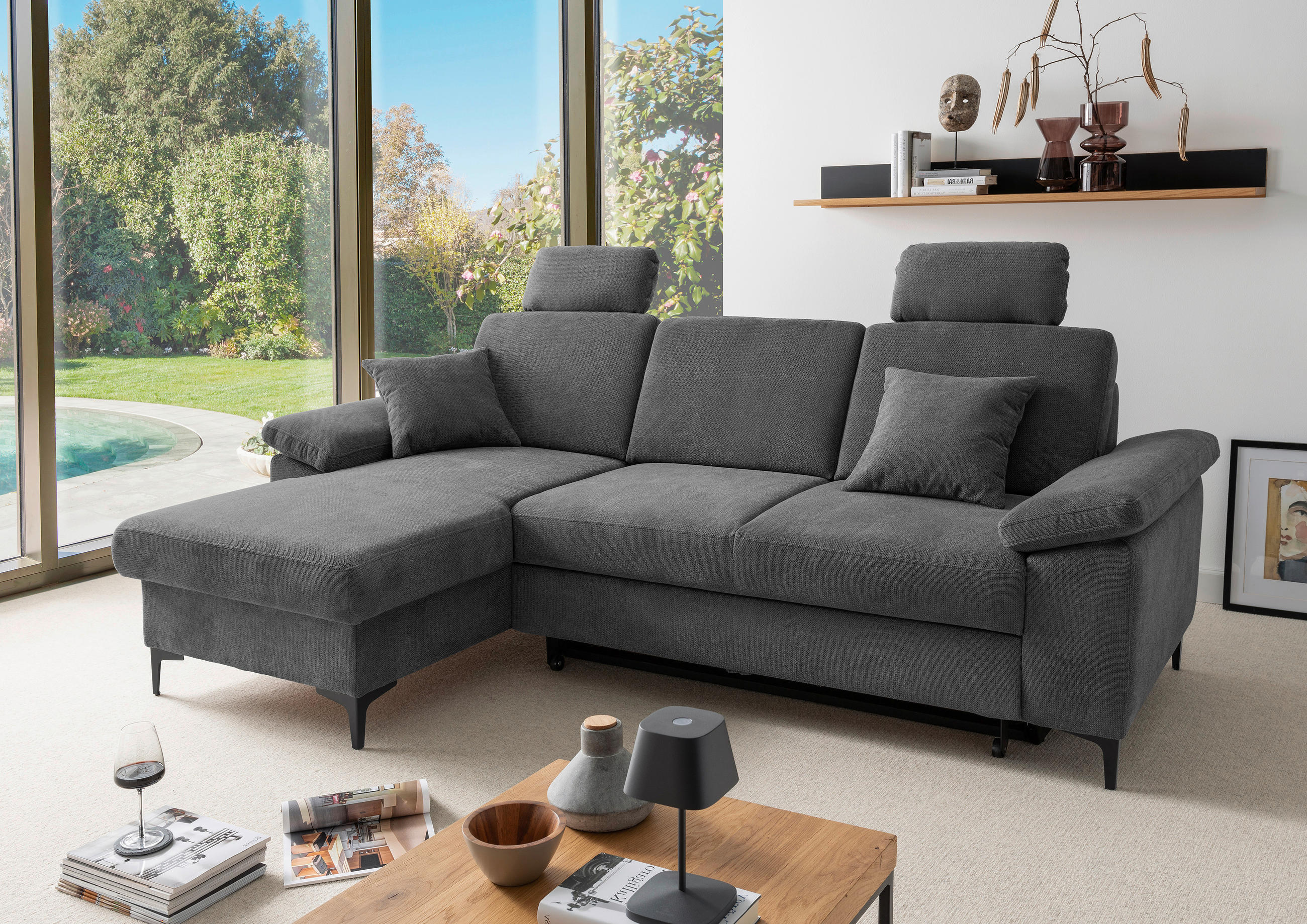 ECKSOFA Chenille Anthrazit  - Anthrazit/Schwarz, Konventionell, Textil/Metall (151/245cm) - Livetastic