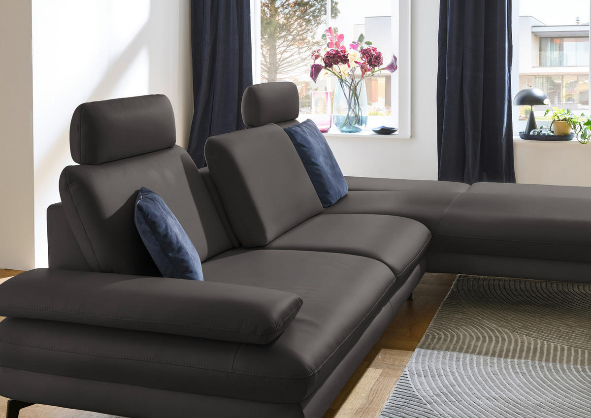 ECKSOFA in Echtleder Grau  - Schwarz/Grau, Design, Leder/Metall (308/195cm) - Dieter Knoll