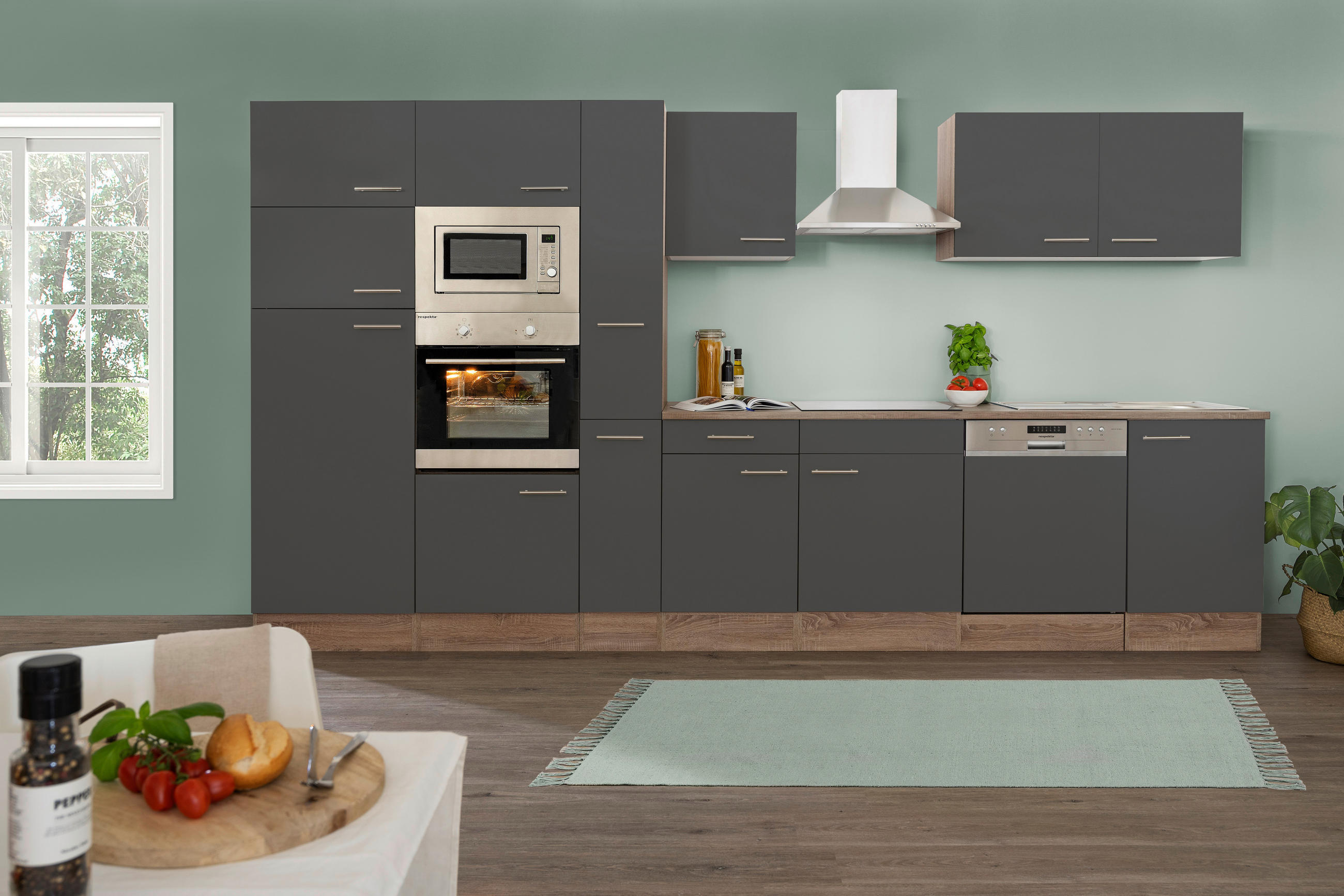 KÜCHENLEERBLOCK 370 cm   in Grau  - Edelstahlfarben/Eichefarben, Basics, Holzwerkstoff/Metall (370cm) - Respekta