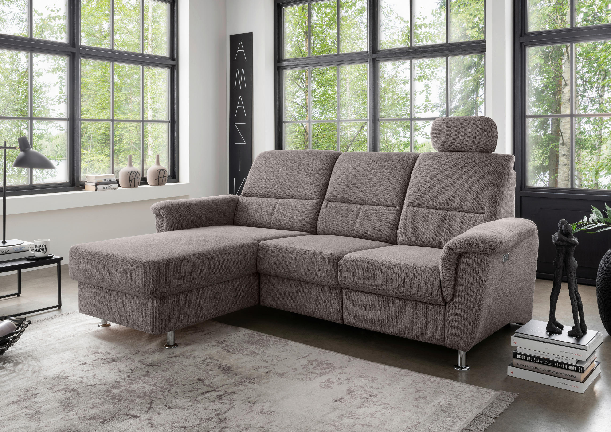 ECKSOFA Graubraun Chenille  - Chromfarben/Graubraun, MODERN, Textil/Metall (165/231cm) - Livetastic