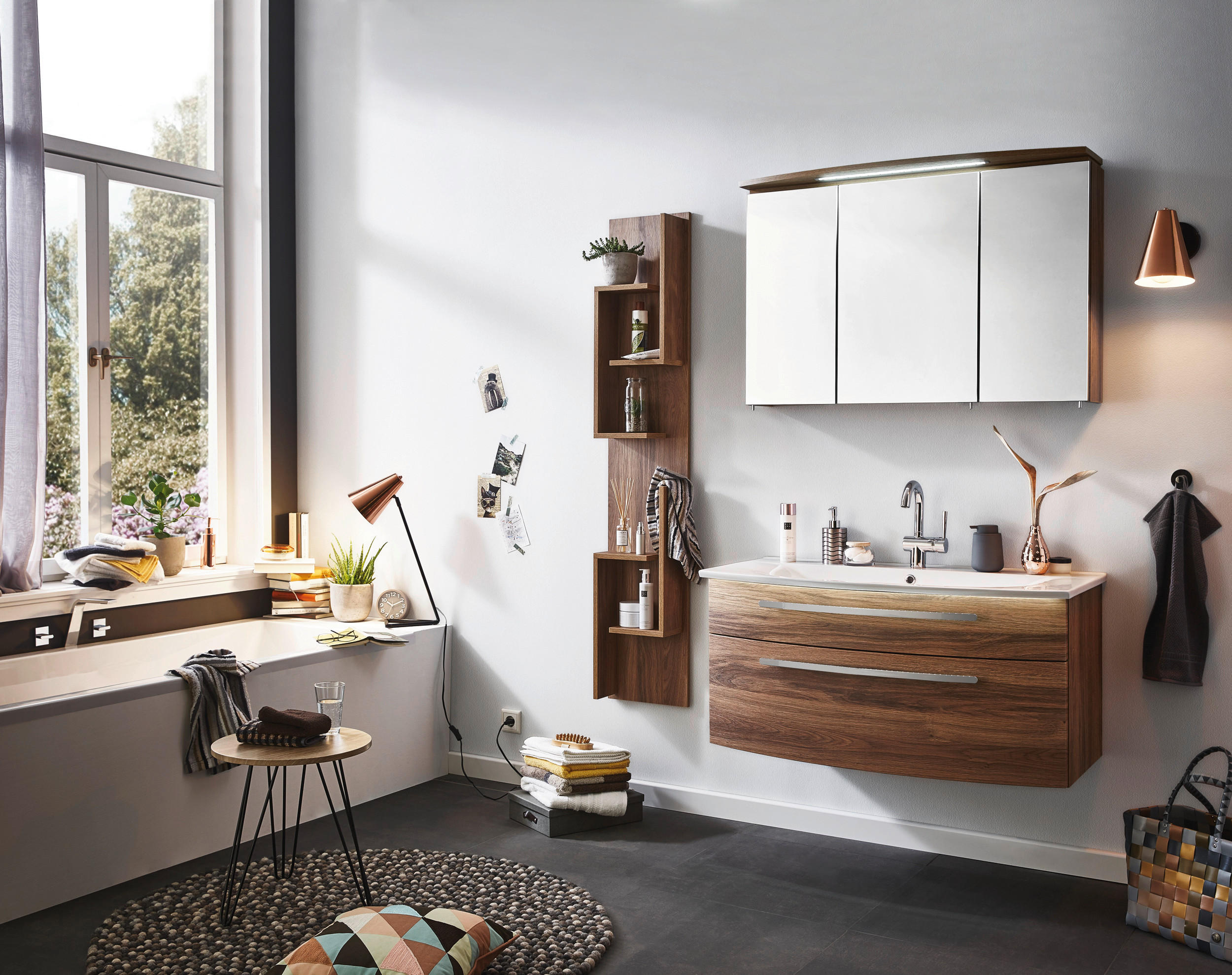 Thumbnail - Novel Badezimmer, Eiche, Glas, Holzwerkstoff, 2 Schubladen, 100 cm, Goldenes M, Made in Germany, hängend, erweiterbar, T...