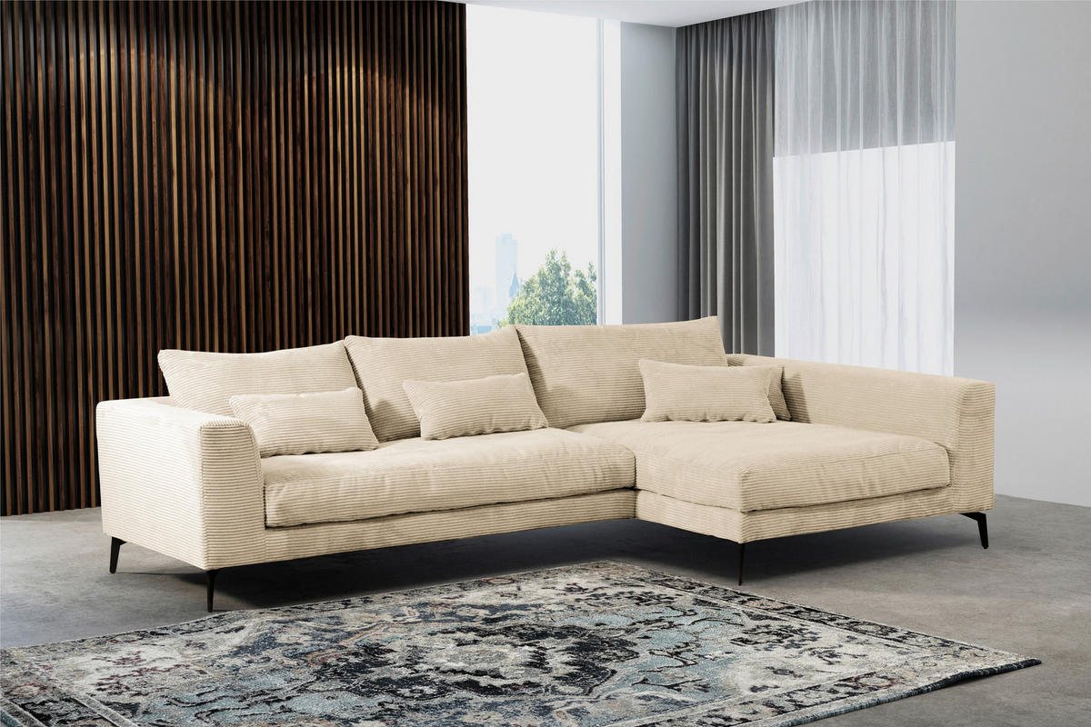 ECKSOFA Creme Cord  - Creme/Schwarz, Design, Textil/Metall (313/172cm) - Livetastic