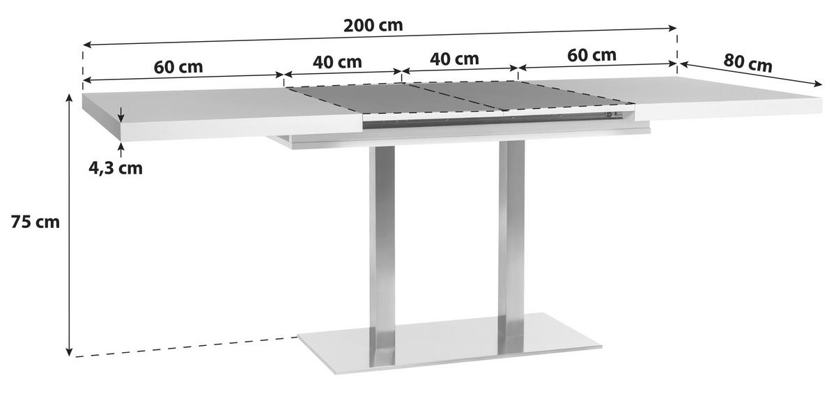 ESSTISCH Weiß, Edelstahlfarben rechteckig  ausziehbar  - Edelstahlfarben/Weiß, KONVENTIONELL, Holzwerkstoff/Metall (120/80/74cm) - MID.YOU