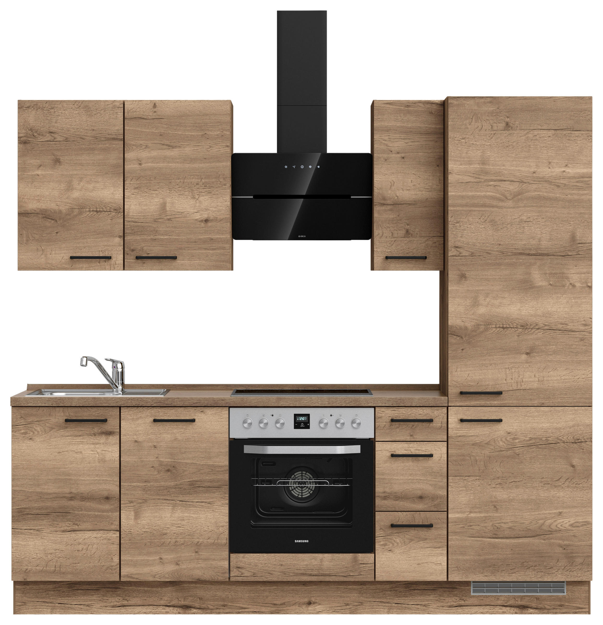 BUCĂTĂRIE FĂRĂ ELECTROCASNICE  - stejar închis la culoare/negru, Modern, metal/material pe bază de lemn (240cm) - Nobilia