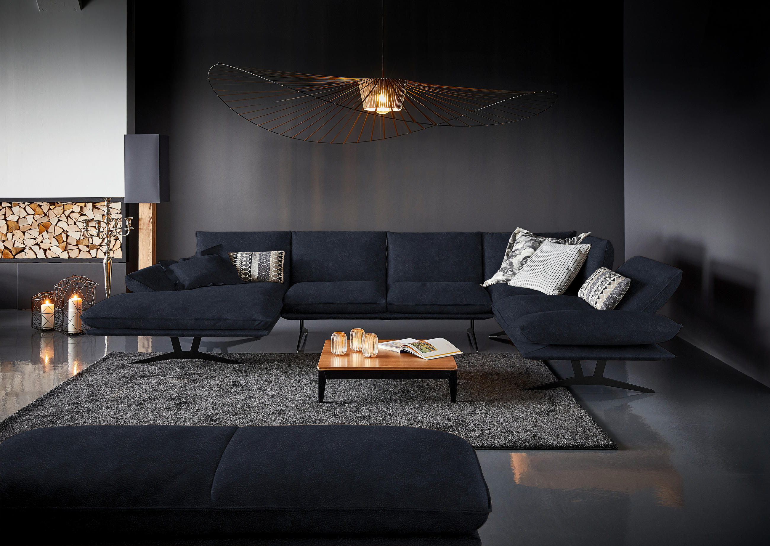 WOHNLANDSCHAFT in Echtleder Dunkelblau  - Schwarz/Dunkelblau, Natur, Leder/Metall (155/359/217cm) - Dieter Knoll