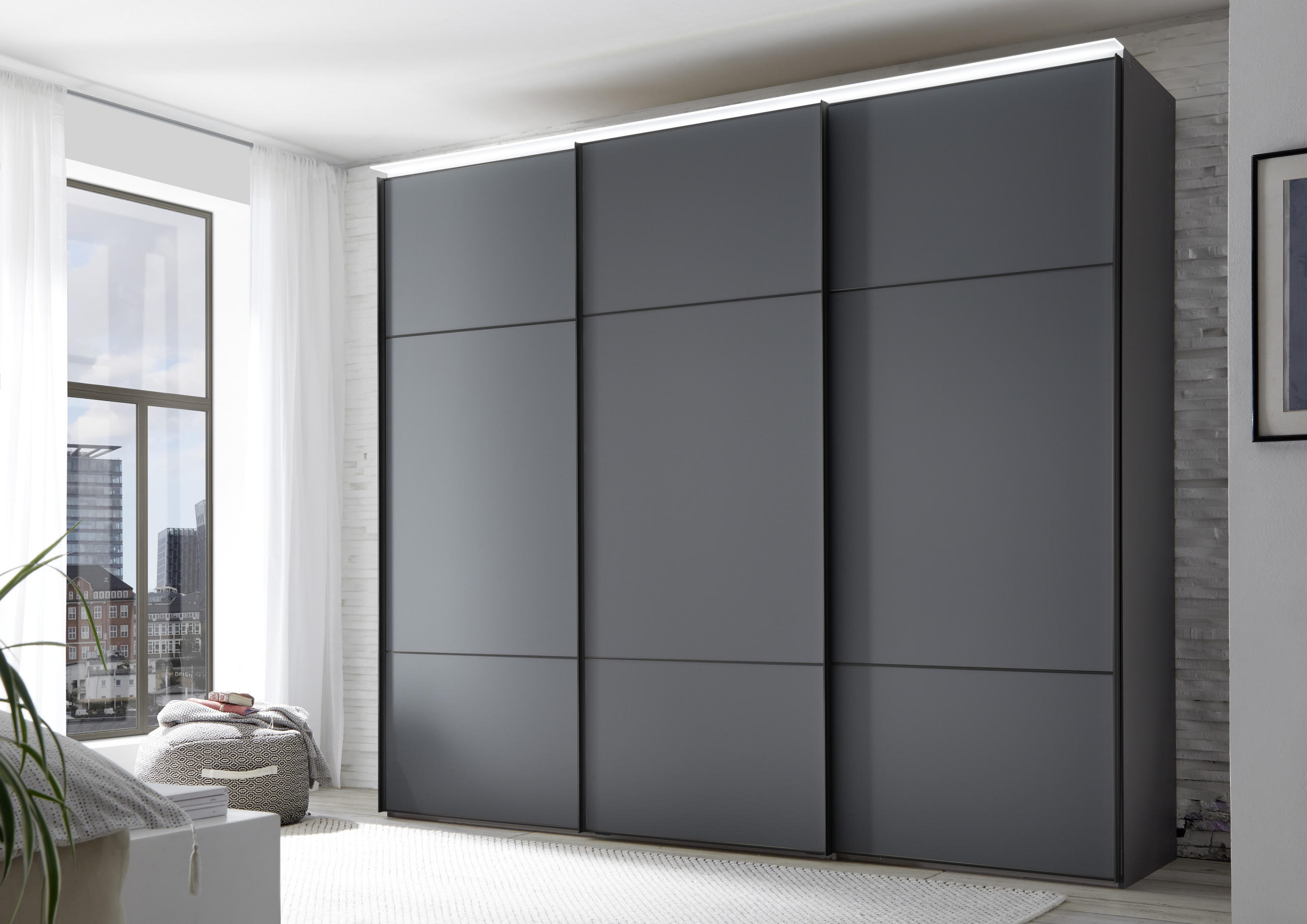 SCHWEBETÜRENSCHRANK 280/222/68 cm 3-türig Grau  - Schwarz/Grau, Design, Glas/Holzwerkstoff (280/222/68cm) - Moderano