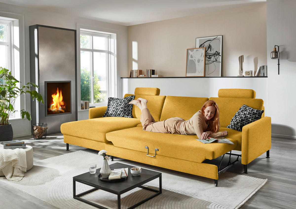 ECKSOFA Chenille, Flachgewebe Currygelb  - Currygelb/Schwarz, Design, Textil/Metall (175/316cm) - Dieter Knoll