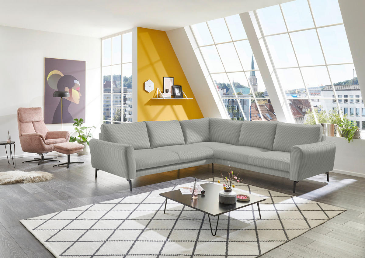 ECKSOFA in Velours, Feincord Silberfarben  - Silberfarben/Schwarz, Design, Textil/Metall (280/254cm) - Beldomo Style