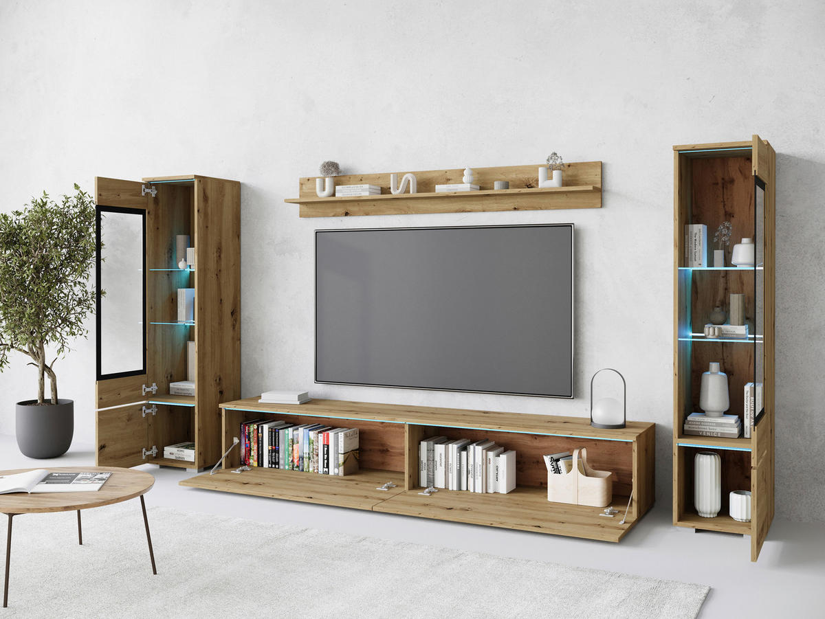 WOHNWAND 4-teilig  in Eiche Artisan 240/130/33 cm  - Eiche Artisan/Grau, Basics, Glas/Holzwerkstoff (240/130/33cm) - Livetastic