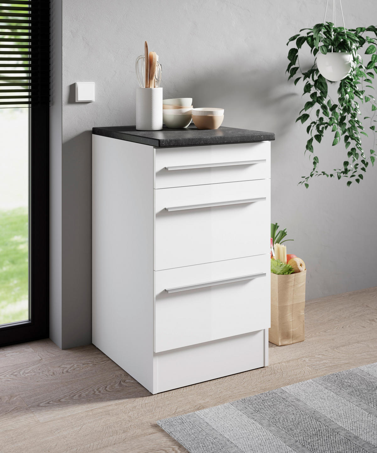 SCHUBKASTENUNTERSCHRANK 50/90/60 cm  in Weiß, Weiß Hochglanz  - Weiß Hochglanz/Silberfarben, Design, Holzwerkstoff/Kunststoff (50/90/60cm) - MID.YOU