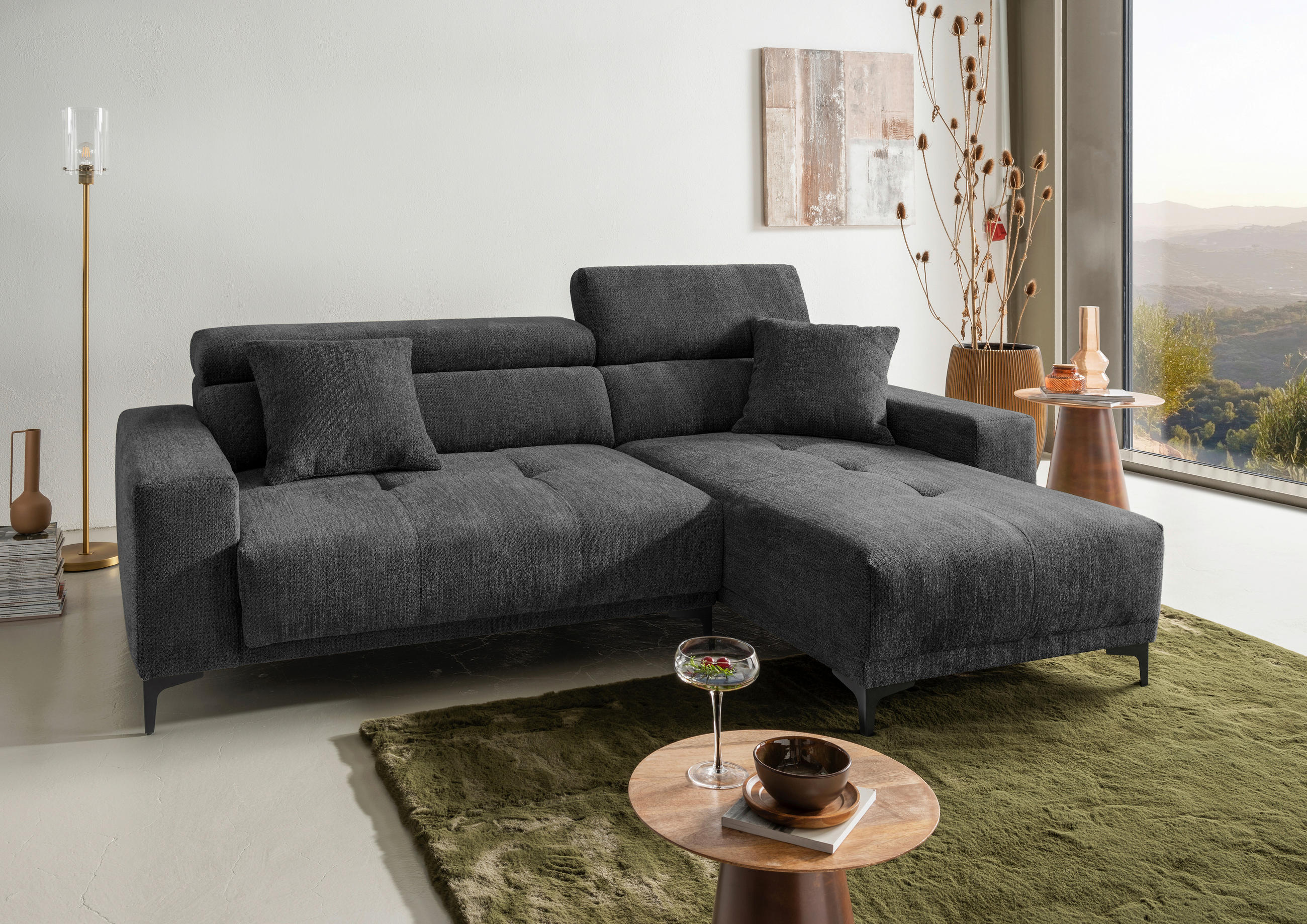 ECKSOFA Chenille Anthrazit  - Anthrazit/Schwarz, Basics, Textil/Metall (250/183cm) - Livetastic