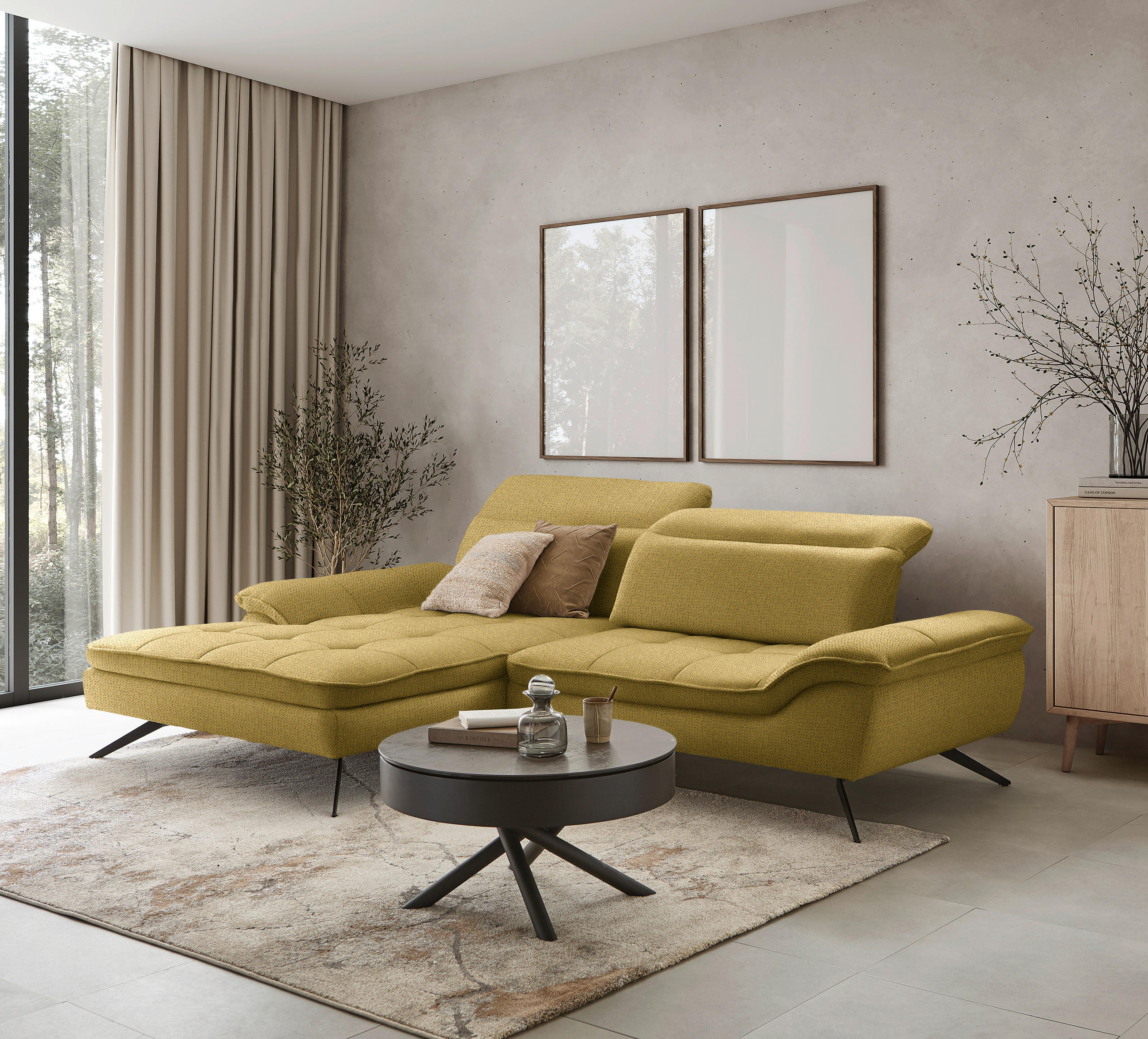 ECKSOFA in Chenille Currygelb  - Currygelb/Schwarz, Design, Textil/Metall (179-202/288cm) - Stylife