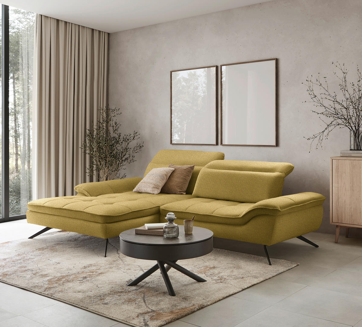ECKSOFA in Chenille Currygelb  - Currygelb/Schwarz, Design, Textil/Metall (179-202/288cm) - Stylife
