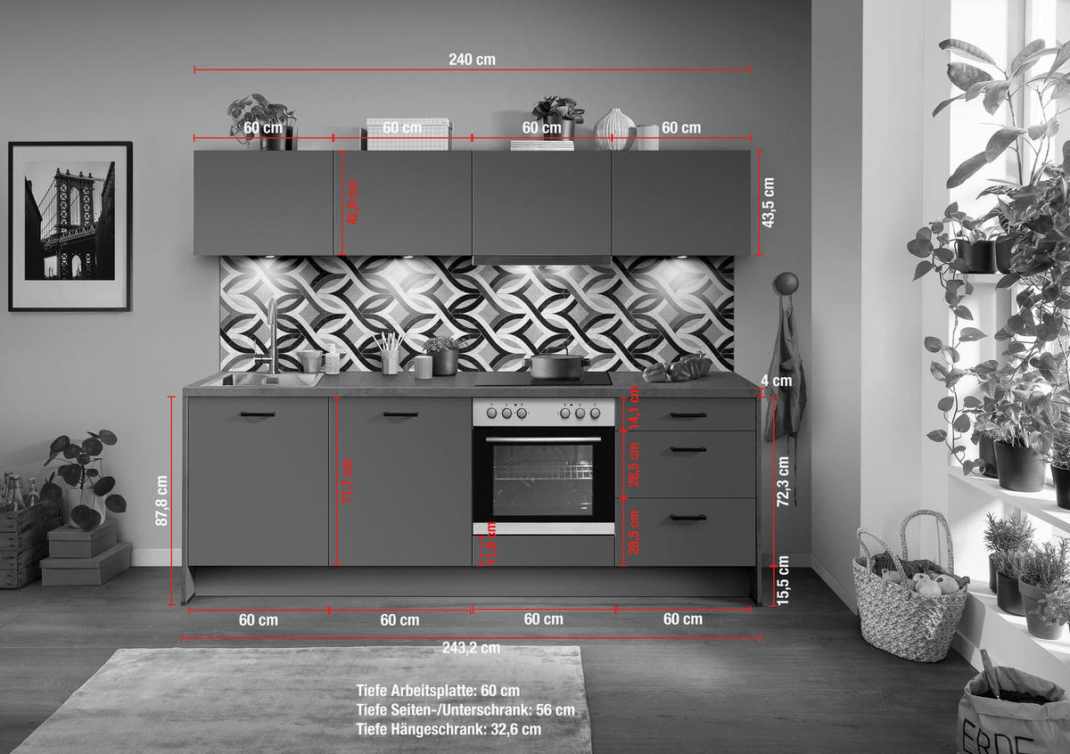 KÜCHENBLOCK 245 cm   in Graphitfarben, Dunkelgrün  - Schieferfarben/Dunkelgrün, Basics, Holzwerkstoff/Metall (245cm) - Impuls