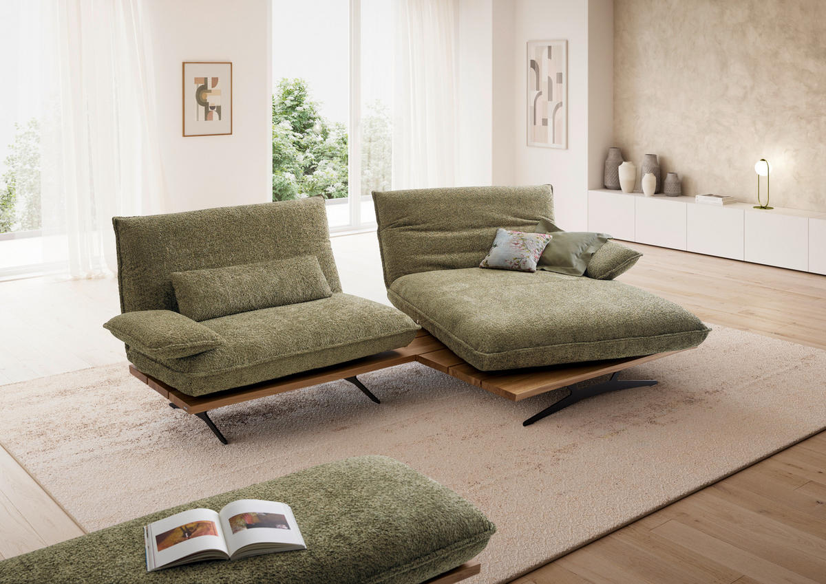 ECKSOFA Wildeiche, Graugrün Chenille, Flachgewebe Rücken echt, Armteilverstellung, Relaxfunktion, Drehsitzfunktion  - Wildeiche/Schwarz, Design, Holz/Textil (284/161cm) - Koinor