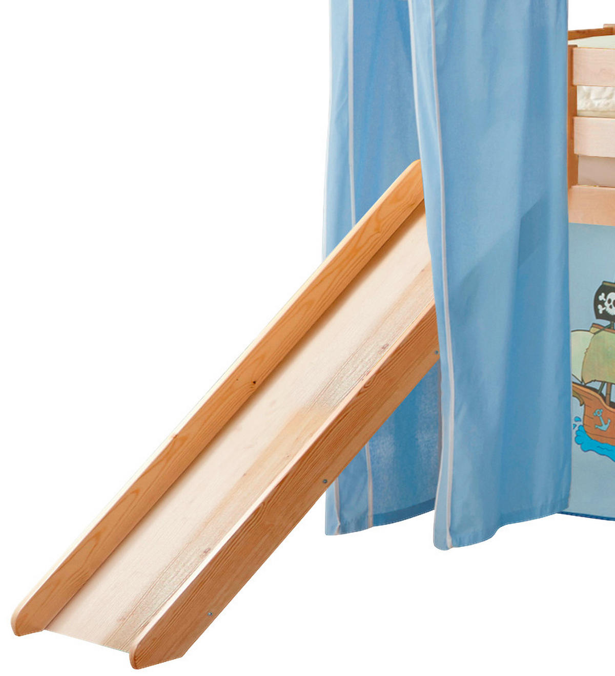 SPIELBETT Rutsche, Turm, Vorhang, Absturzsicherung, Leiter 90/200 cm  in Blau, Kieferfarben  - Blau/Kieferfarben, Natur, Holz (90/200cm) - MID.YOU