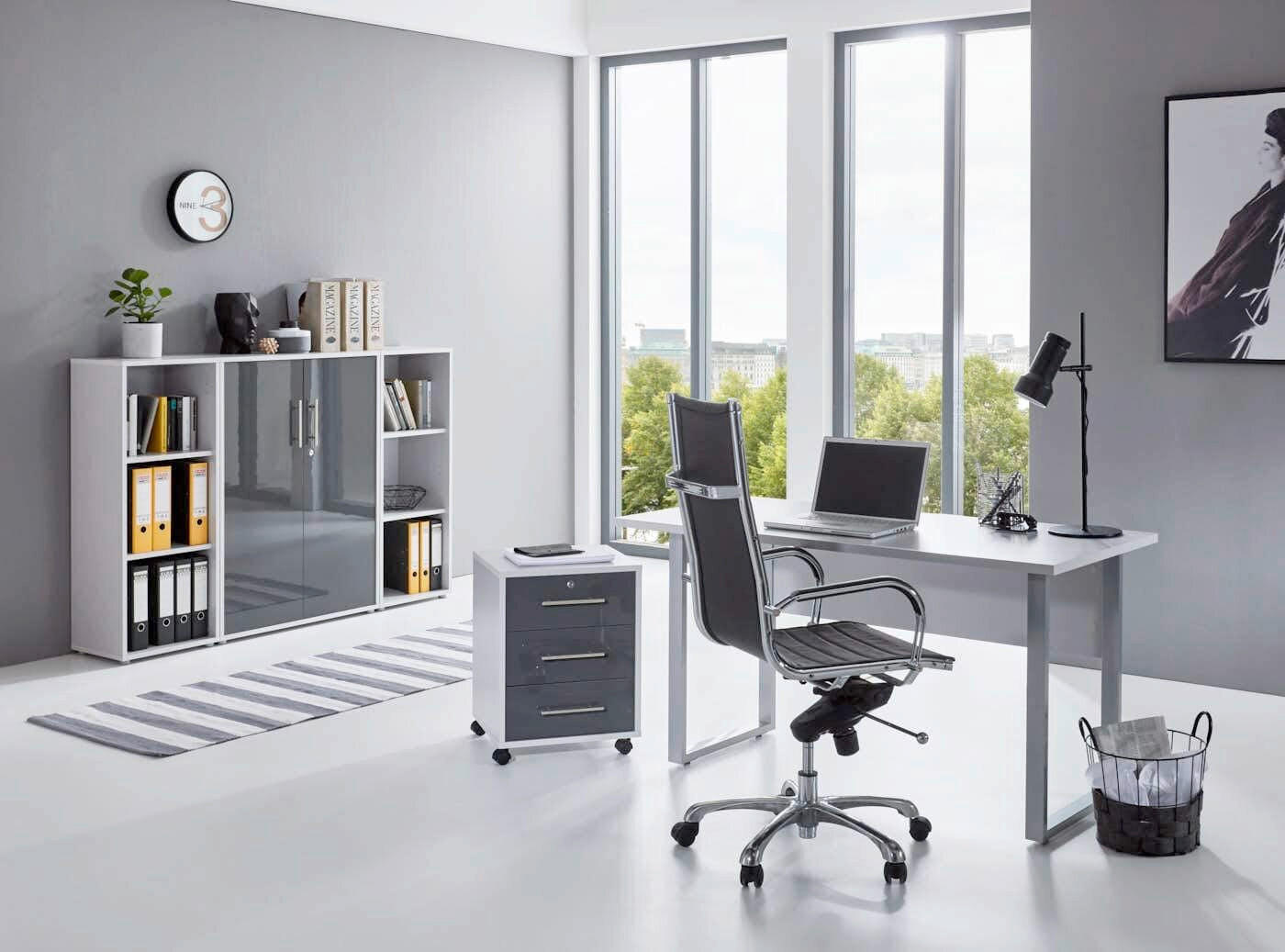 BÜRO erweiterbar, abschließbar Grau, Anthrazit Hochglanz - Anthrazit Hochglanz/Grau, MODERN, Holzwerkstoff/Metall - MID.YOU