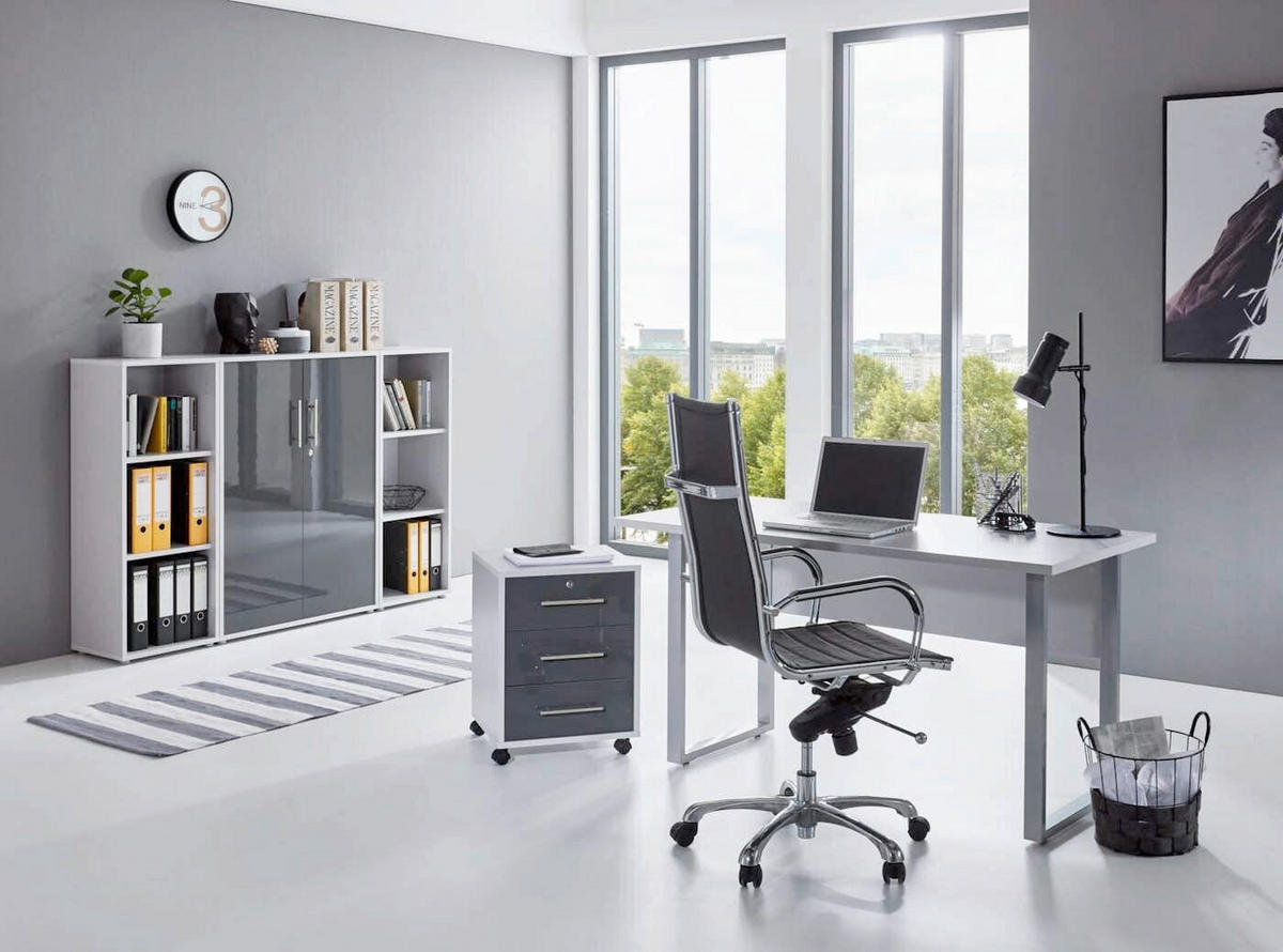 BÜRO erweiterbar, abschließbar Grau, Anthrazit Hochglanz - Anthrazit Hochglanz/Grau, MODERN, Holzwerkstoff/Metall - MID.YOU