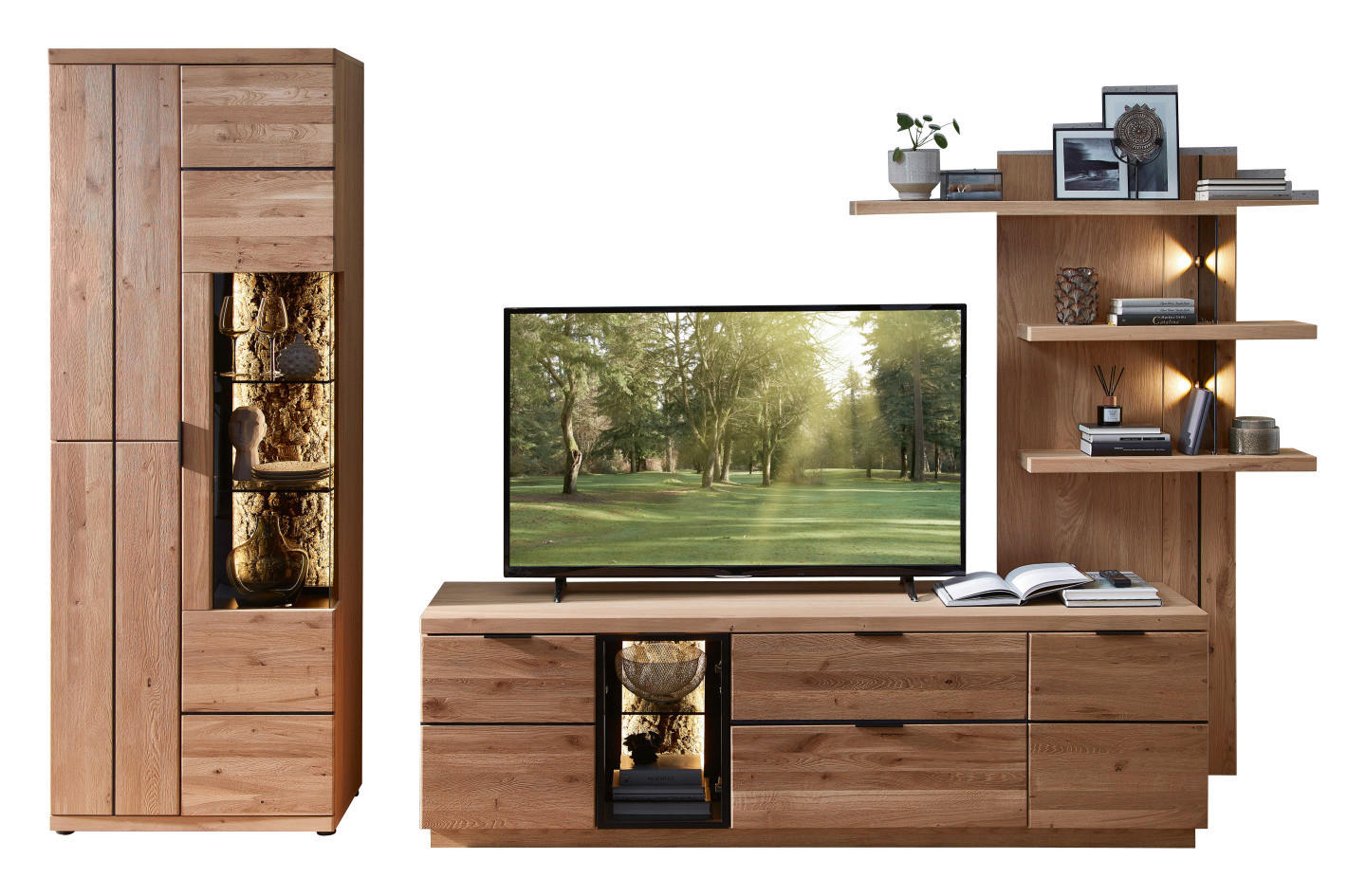 WOHNWAND  in Schwarz, Wildeiche  310/207/50 cm  - Wildeiche/Schwarz, Natur, Glas/Holz (310/207/50cm) - Livetastic