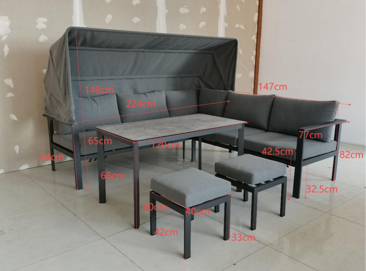 LOUNGE ÉTKEZŐGARNITÚRA 5 részes    - antracit/szürke, Modern, üveg/textil (224/147cm) - Ambia Garden