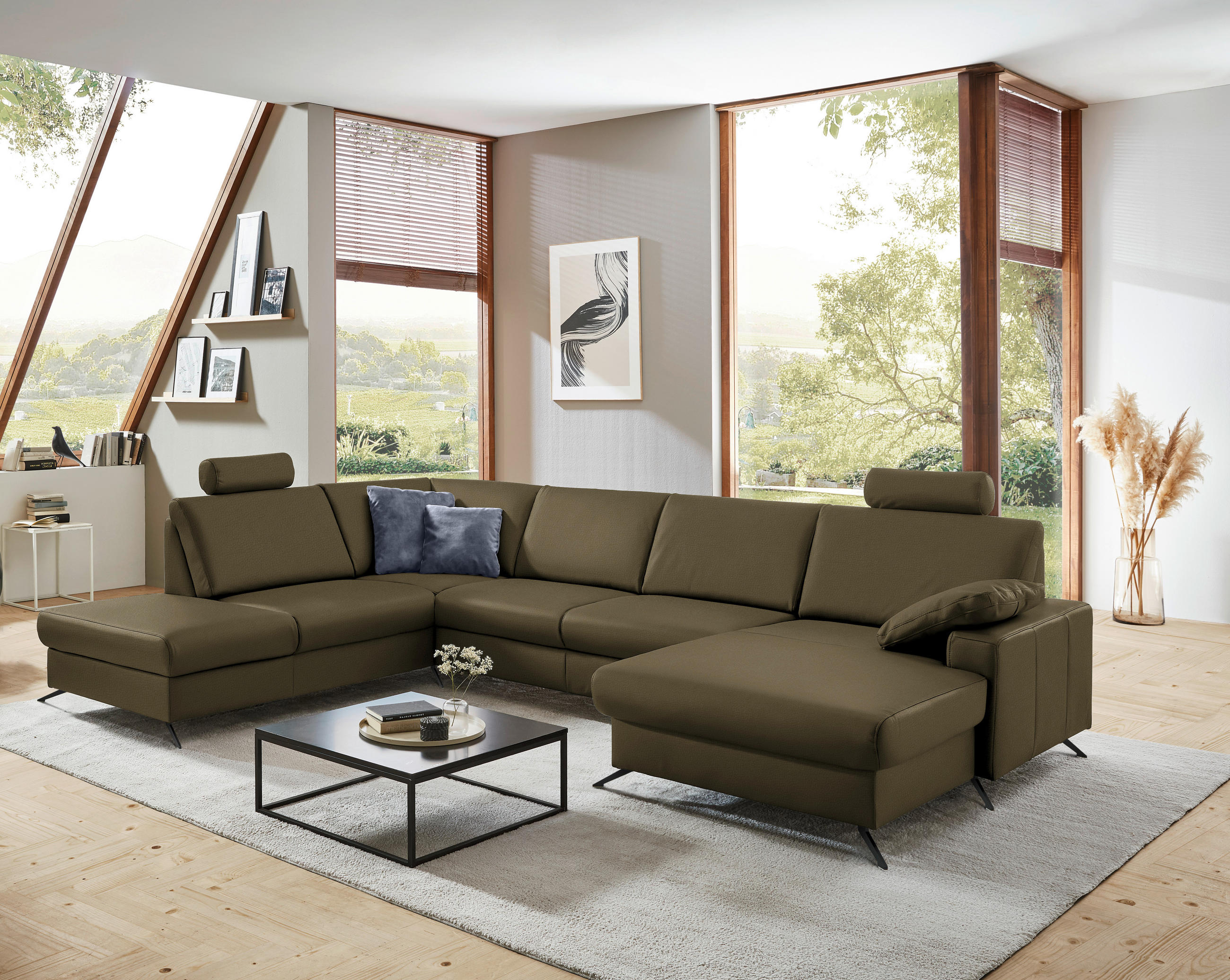 WOHNLANDSCHAFT in Echtleder Grün  - Schwarz/Grün, Design, Leder/Metall (233/339/165cm) - Beldomo Premium