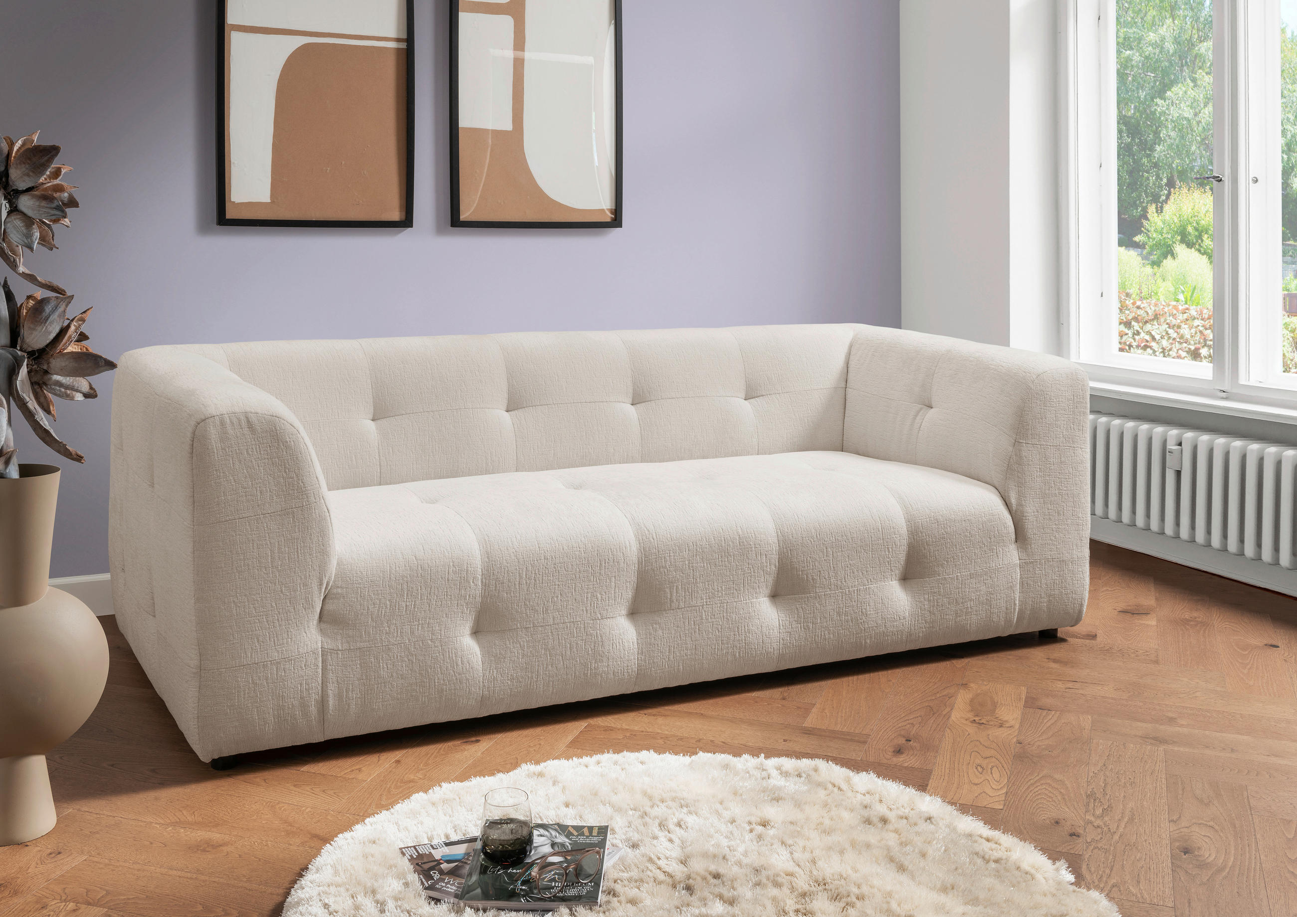 2,5-SITZER Mikrofaser Weiß  - Schwarz/Weiß, Design, Kunststoff/Textil (218/72/95cm) - Livetastic