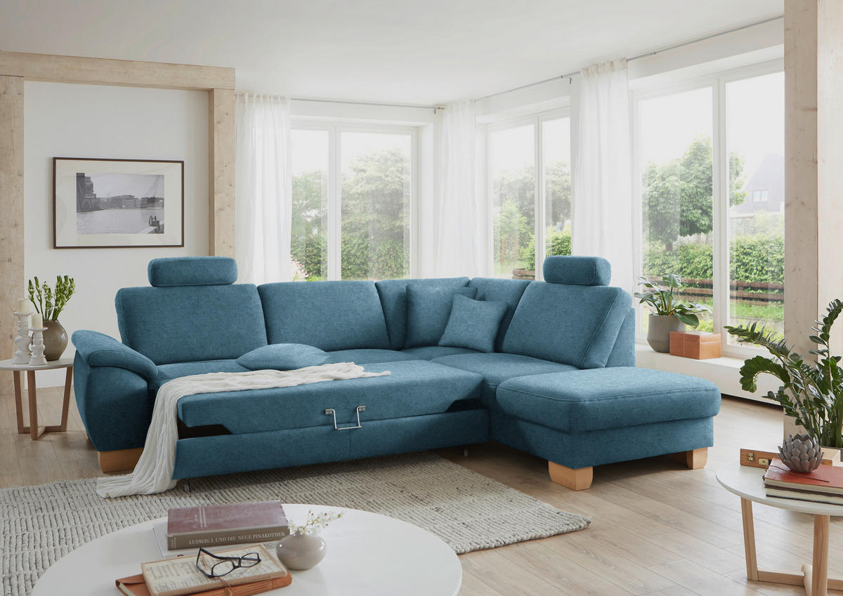 ECKSOFA in Mikrofaser Blau  286/236 cm  - Wildeiche/Blau, Natur, Holz/Textil (286/236cm) - Voleo