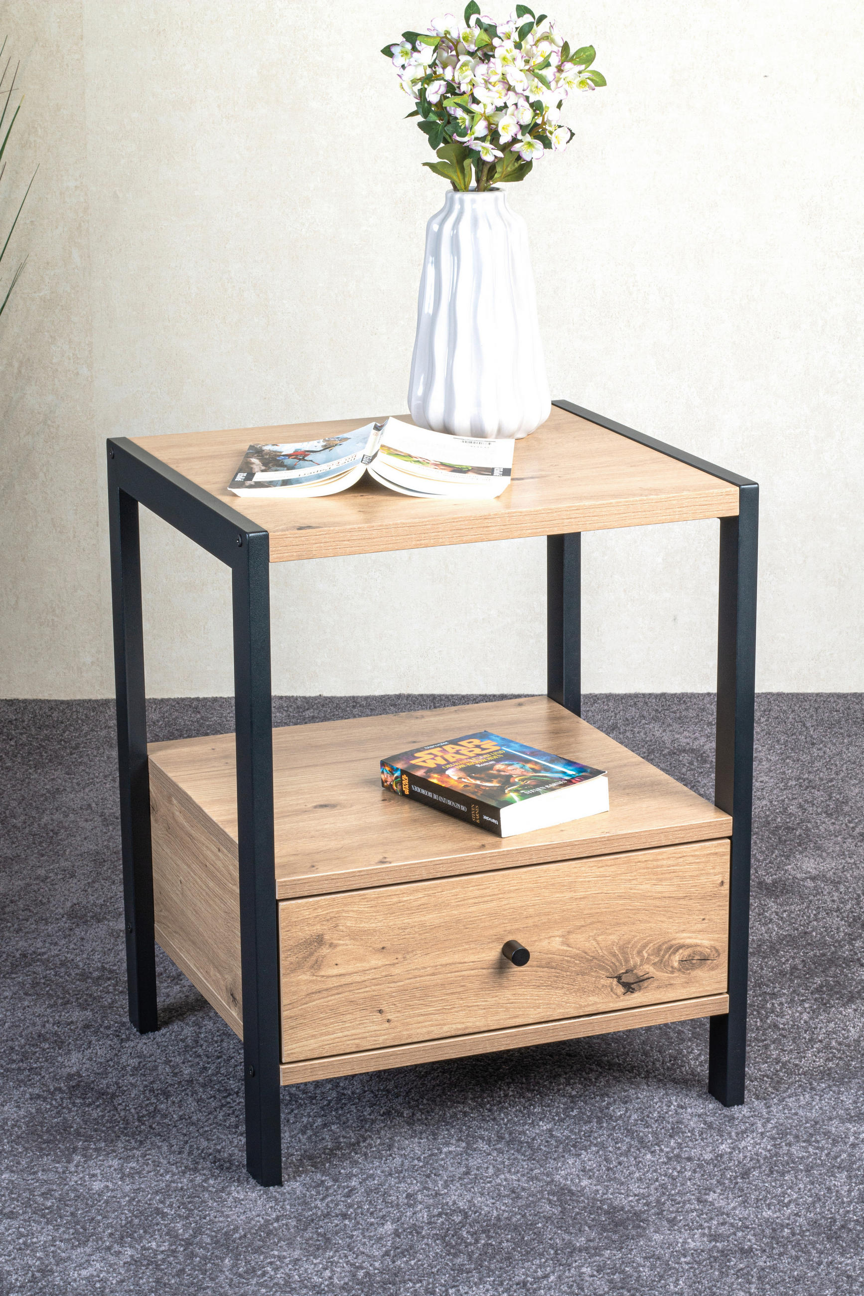 BEISTELLTISCH 48/43/60 cm Schwarz, Eichefarben quadratisch  - Eichefarben/Schwarz, Design, Holzwerkstoff/Metall (48/43/60cm)