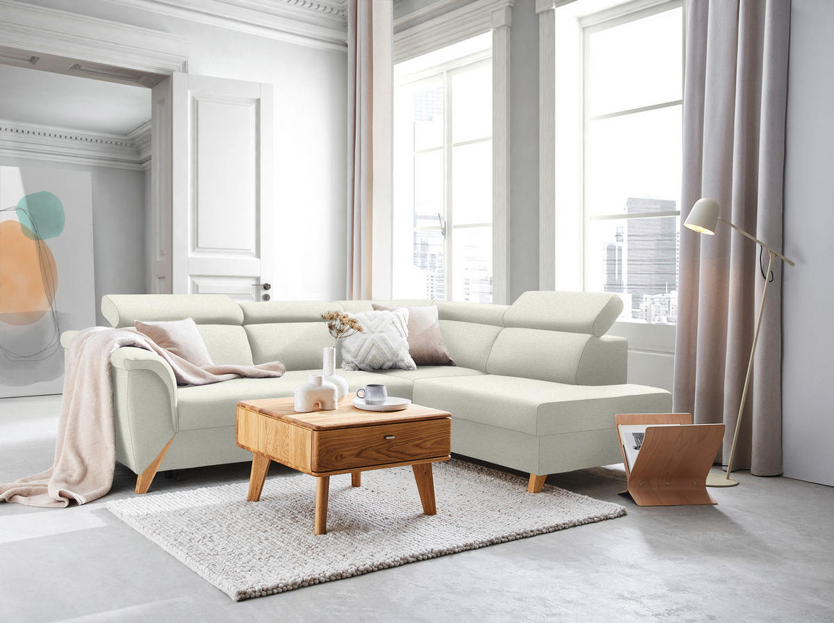 ECKSOFA  in Chenille Creme Rücken echt, Kopfteilverstellung  265/200 cm  - Creme/Naturfarben, KONVENTIONELL, Holz/Textil (265/200cm) - Stylife