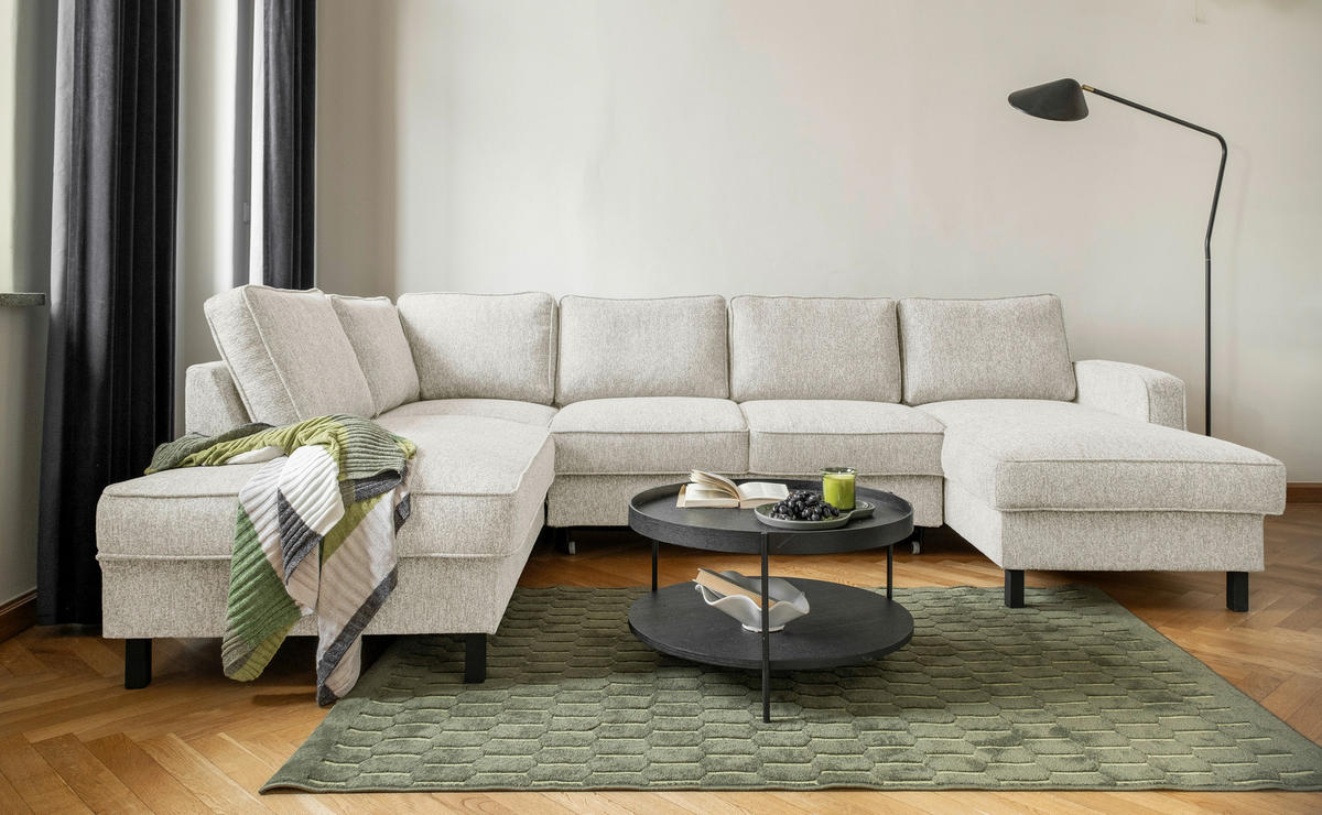 WOHNLANDSCHAFT in Struktur Beige  - Beige/Schwarz, Holz/Textil (198/298/148cm) - MID.YOU