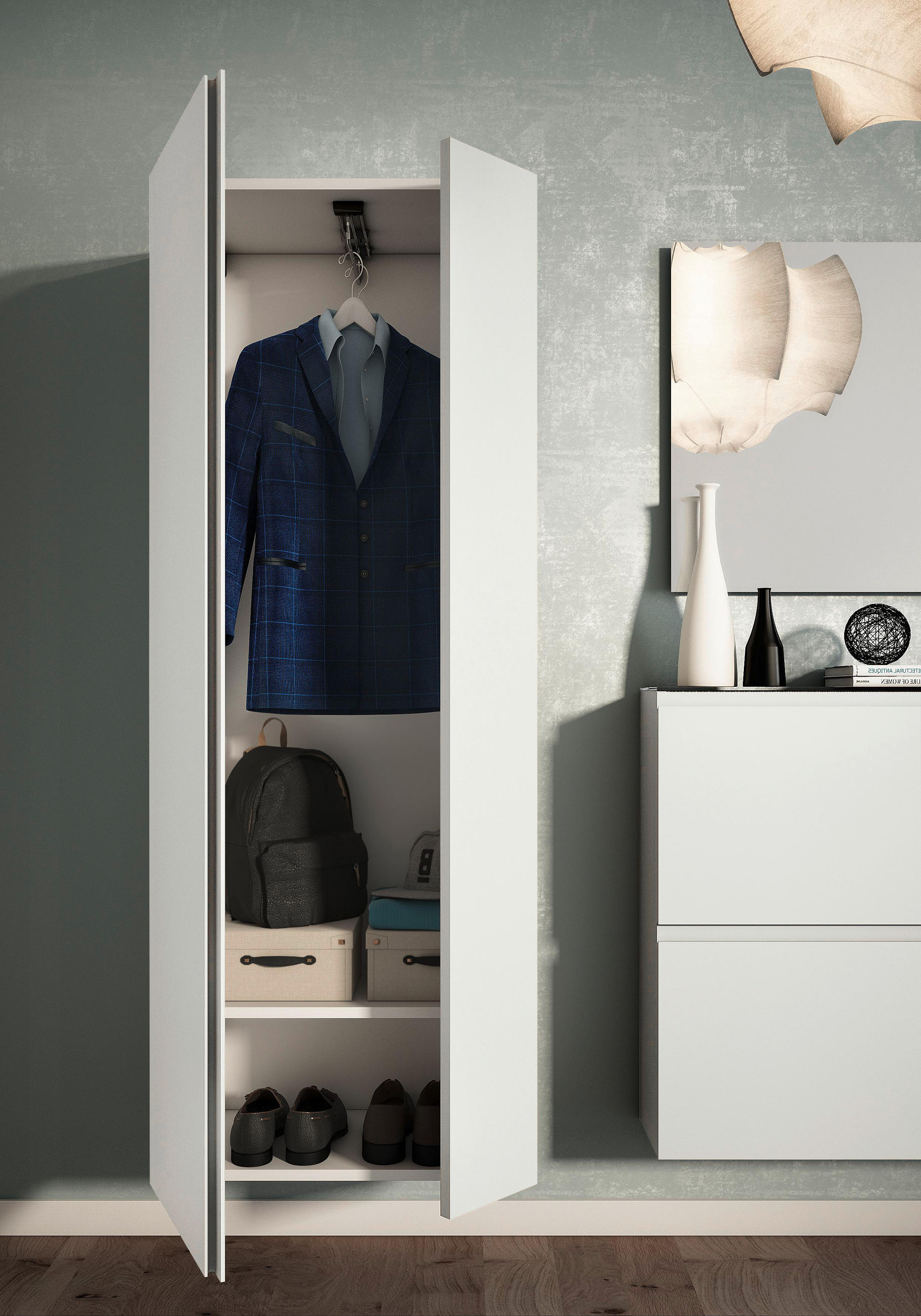GARDEROBE 3-teilig  in 180/185/33 cm  - Weiss, Design, Glas/Holzwerkstoff (180/185/33cm) - Moderano