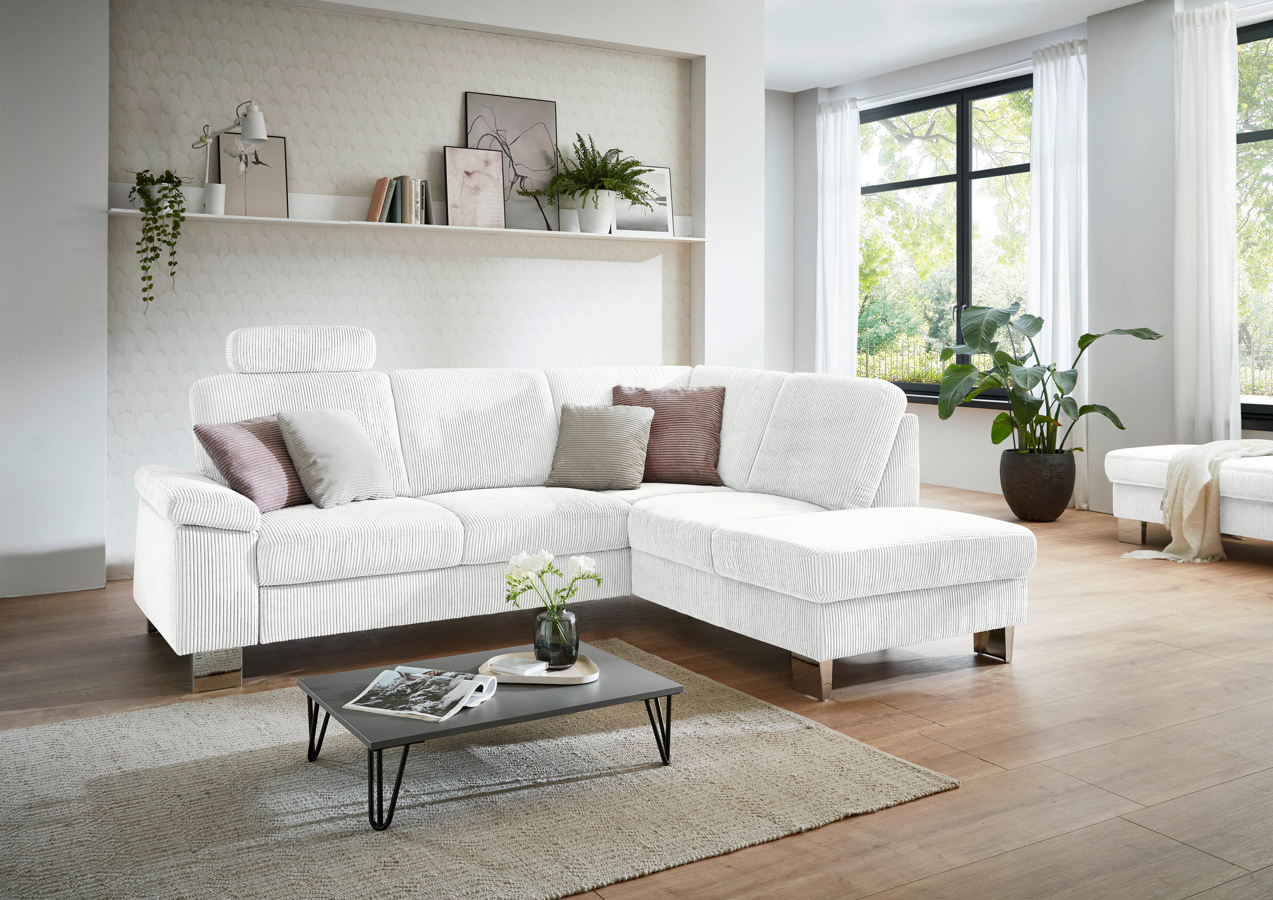ECKSOFA in Cord Creme  - Edelstahlfarben/Creme, Konventionell, Textil/Metall (248/200cm) - Beldomo System