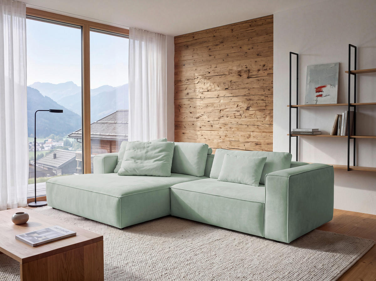 ECKSOFA Mintgrün Chenille Rücken echt  - Schwarz/Mintgrün, MODERN, Kunststoff/Textil (185/296cm) - Hom`in