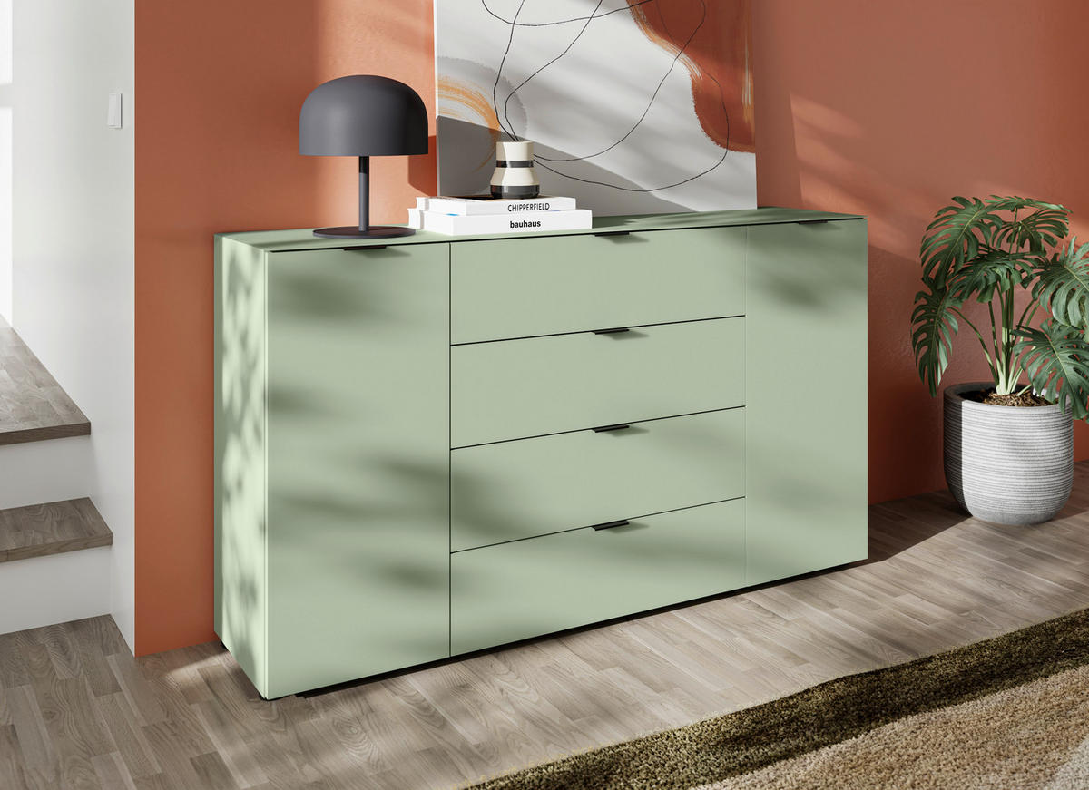 SIDEBOARD  160/94/40 cm 4 Schublade(n)  - Salbeigrün/Schwarz, Basics, Glas/Holzwerkstoff (160/94/40cm) - Novel