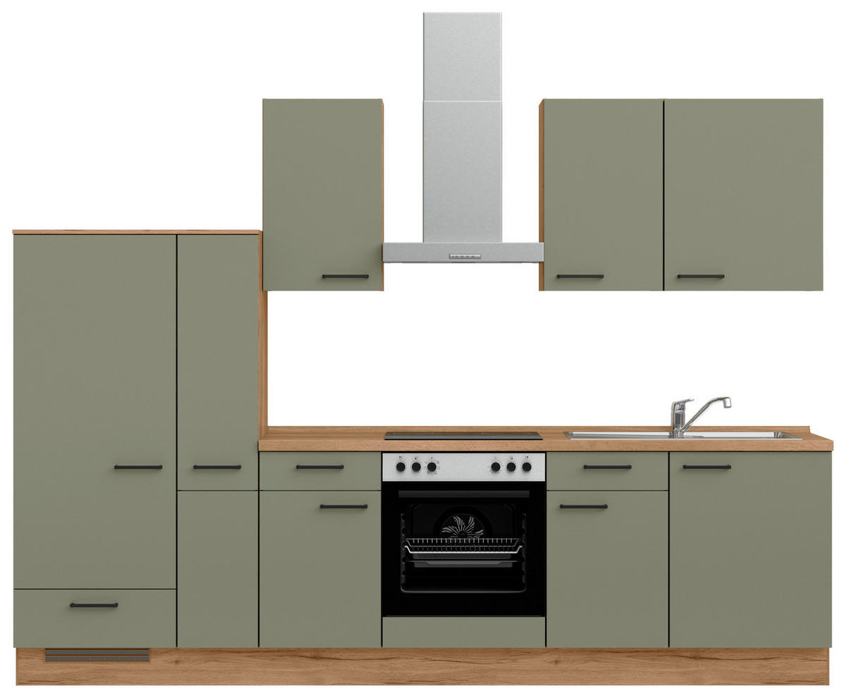 KÜCHENBLOCK Senso 300 cm  in Eichefarben, Olivgrün  - Eichefarben/Schwarz, MODERN, Holzwerkstoff/Metall (300cm) - Nobilia