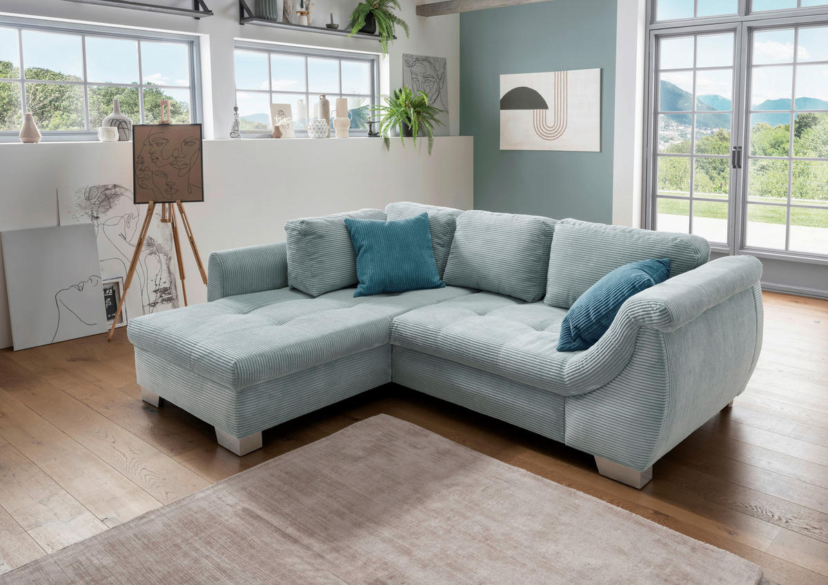 ECKSOFA Blau Cord  - Blau/Silberfarben, Design, Holz/Textil (190/250cm) - MID.YOU
