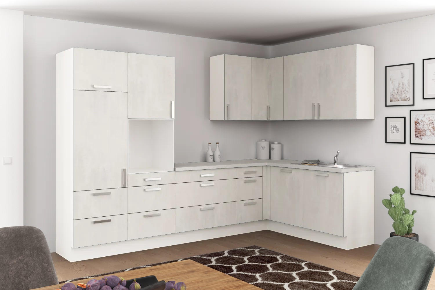 Eckküche Ip1200 ohne Geräte 320x185 cm Betonoptik Hell