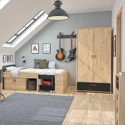 STAURAUMBETT 90/200 cm  in Eiche Artisan  - Schwarz/Eiche Artisan, MODERN, Holzwerkstoff (90/200cm) - MID.YOU
