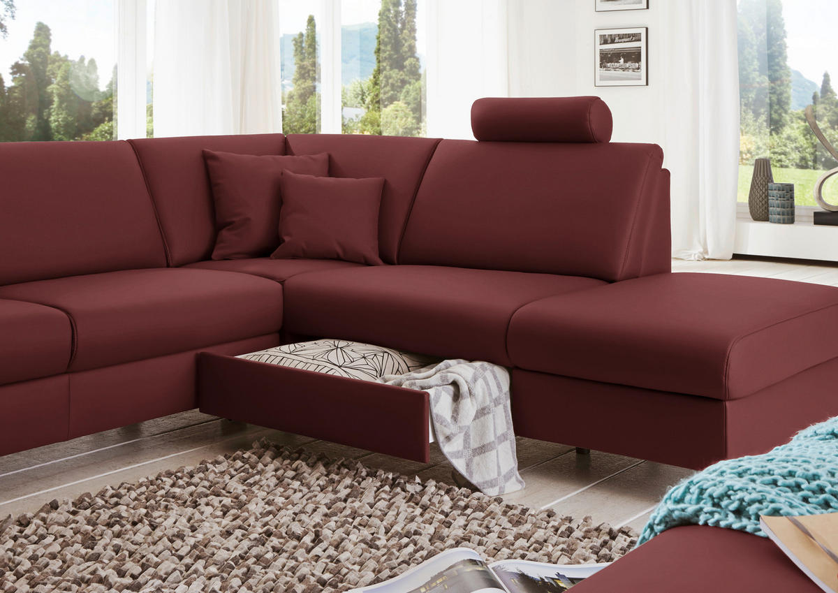 WOHNLANDSCHAFT in Echtleder Brombeere  - Brombeere/Alufarben, Design, Leder/Metall (165/339/233cm) - Beldomo Premium