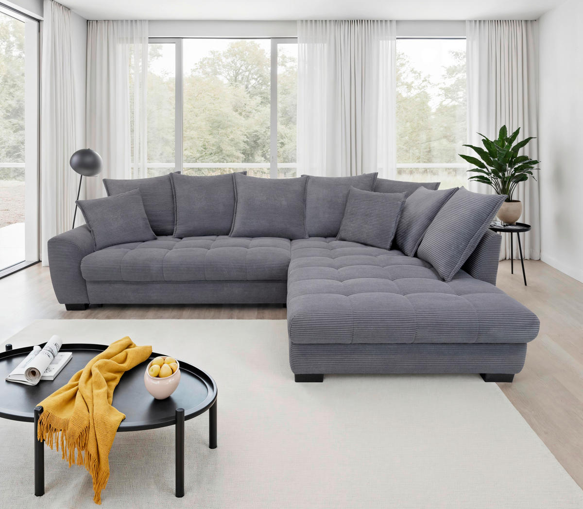 ECKSOFA Grau Cord Rückenkissen, Armlehnenkissen, Bettkasten, Schlaffunktion, Rücken echt, Liegefläche im Originalstoff  - Schwarz/Grau, KONVENTIONELL, Kunststoff/Textil (304/212cm) - Carryhome