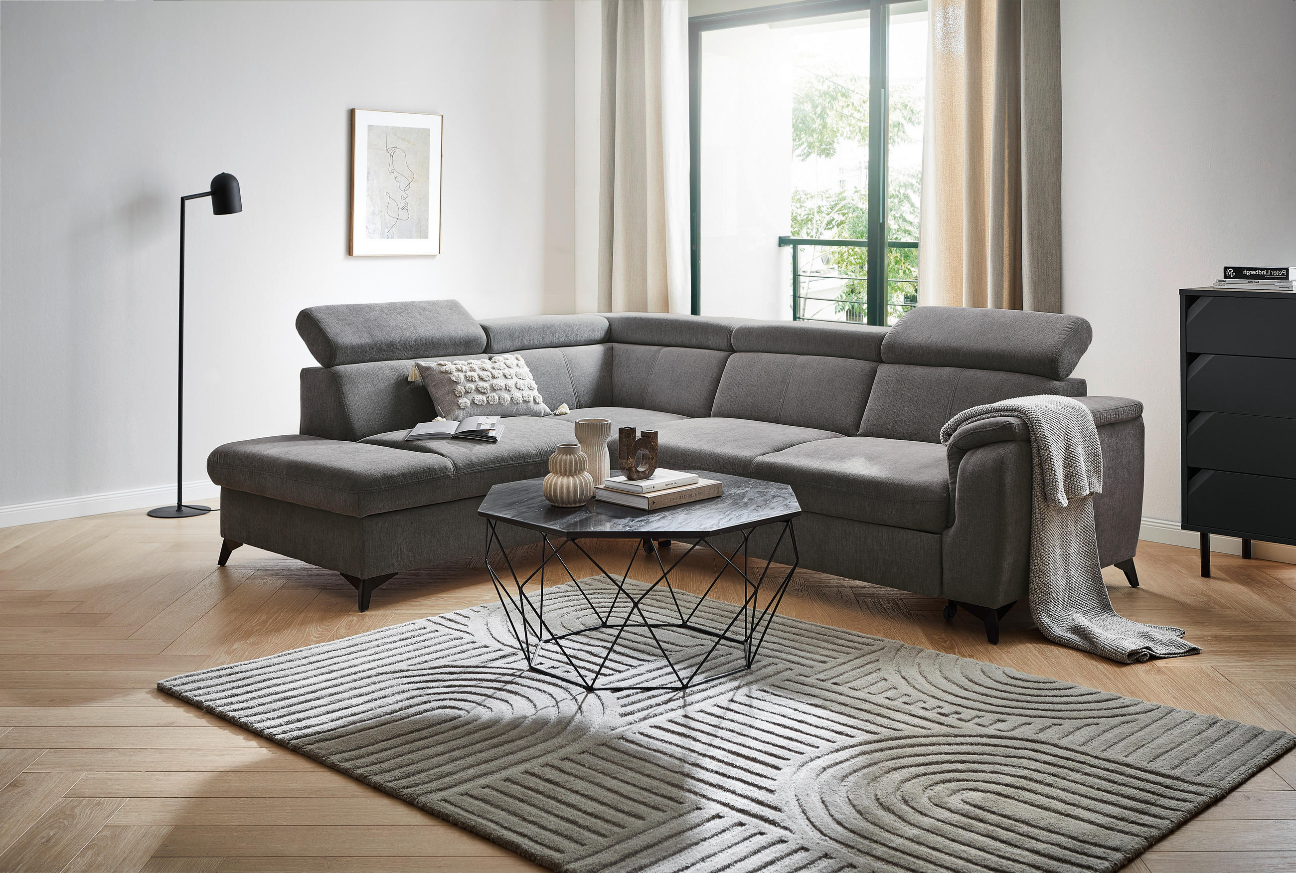 ECKSOFA in Chenille Anthrazit  - Anthrazit/Schwarz, Design, Textil/Metall (203/260cm) - Stylife
