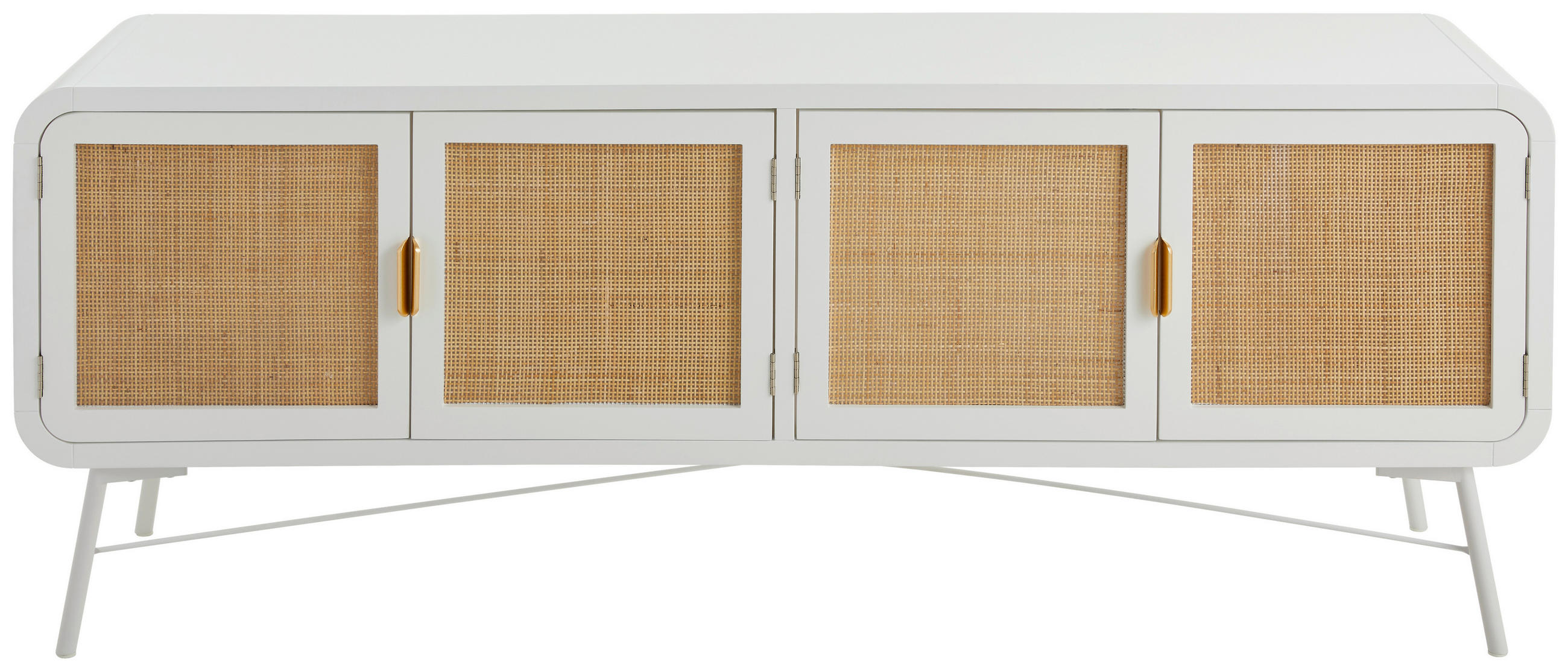 LOWBOARD Kiefer, Rattan massiv Naturfarben, Weiß - Goldfarben/Naturfarben, MODERN, Holz/Metall (160/60/37,5cm) - Livetastic