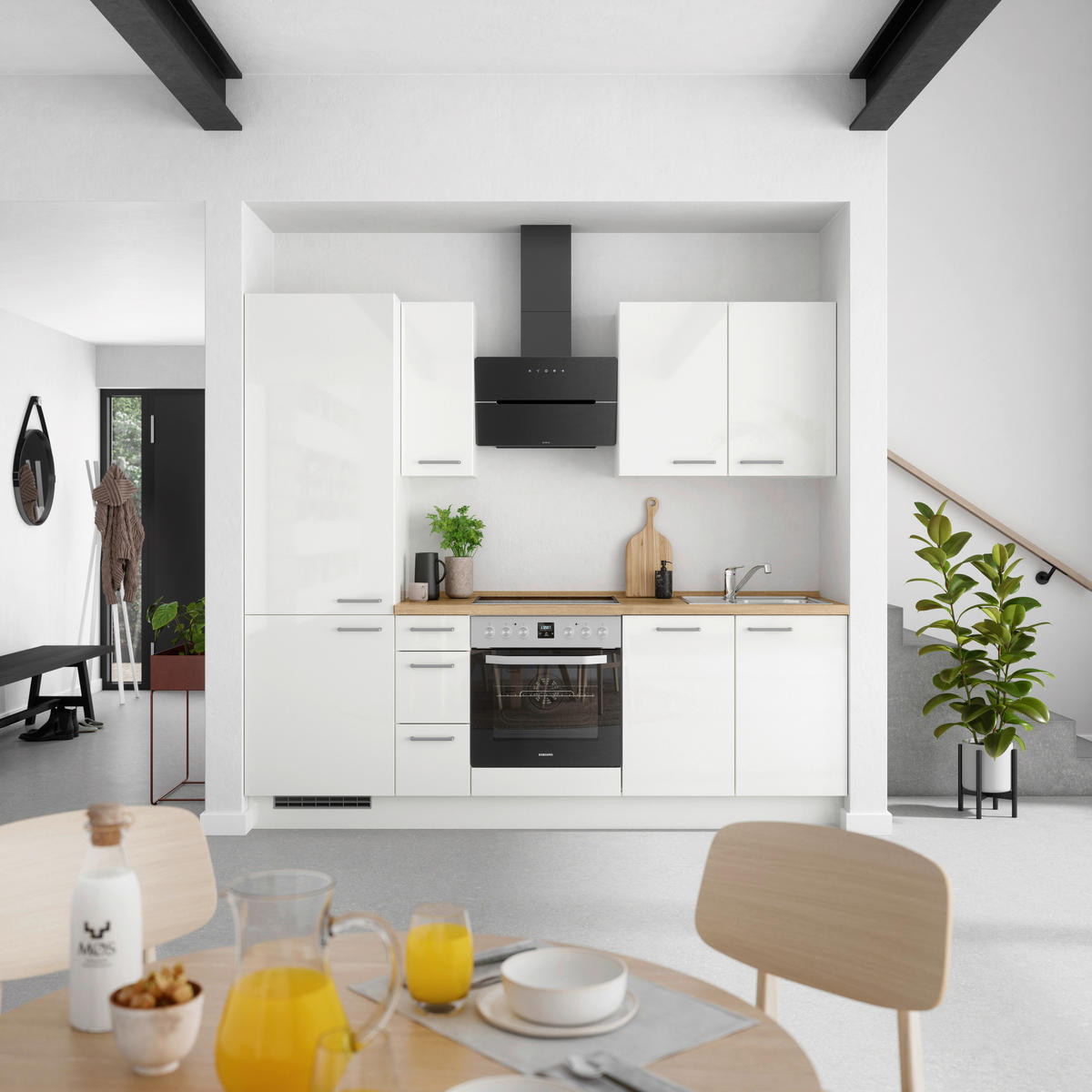 KÜCHENLEERBLOCK 240 cm   in Eichefarben, Weiß Hochglanz  - Edelstahlfarben/Eichefarben, MODERN, Holzwerkstoff/Metall (240cm) - Nobilia