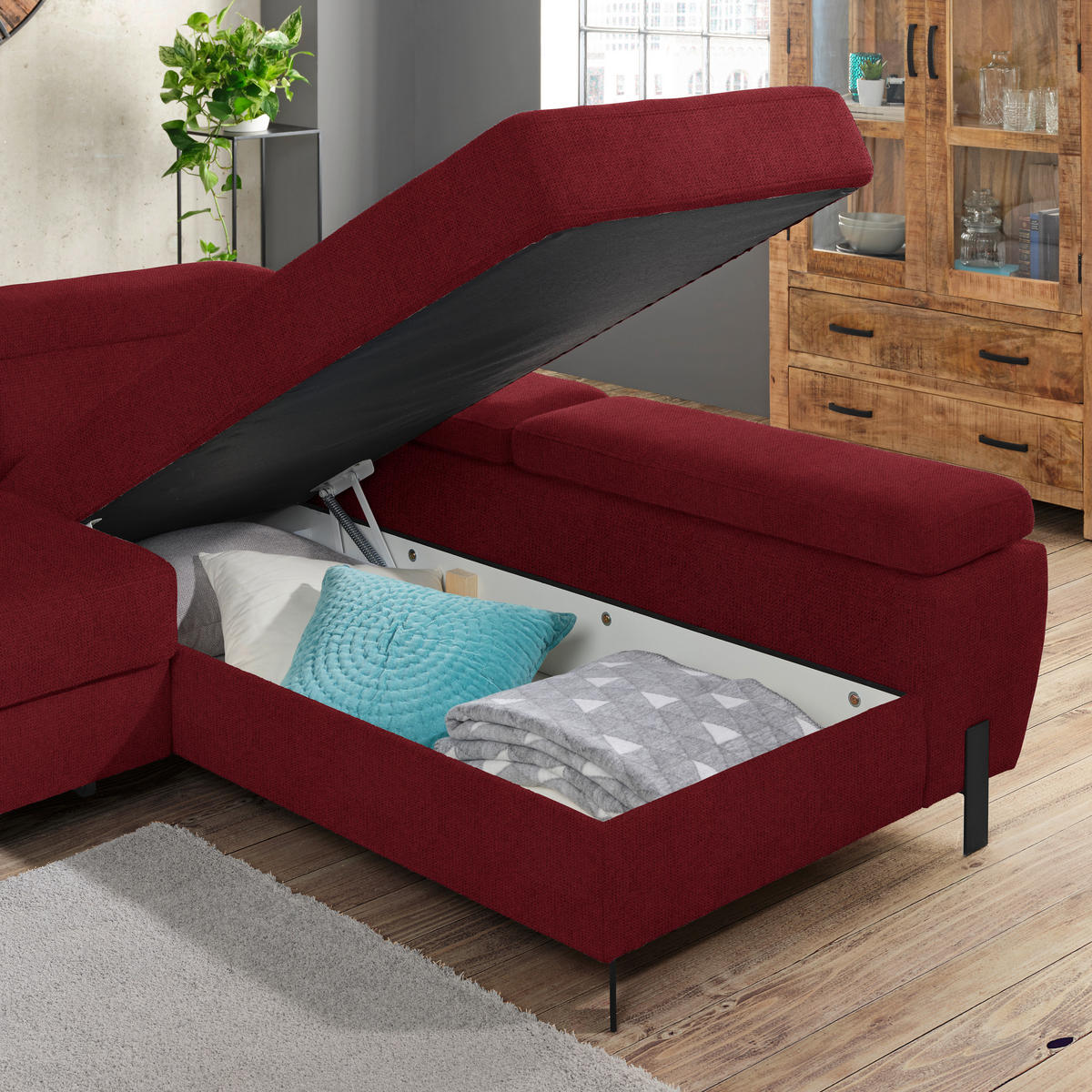 HÖRNSOFFA i vävt tyg vinröd  - vinröd/svart, Modern, metall/trämaterial (277/90/189cm) - MID.YOU